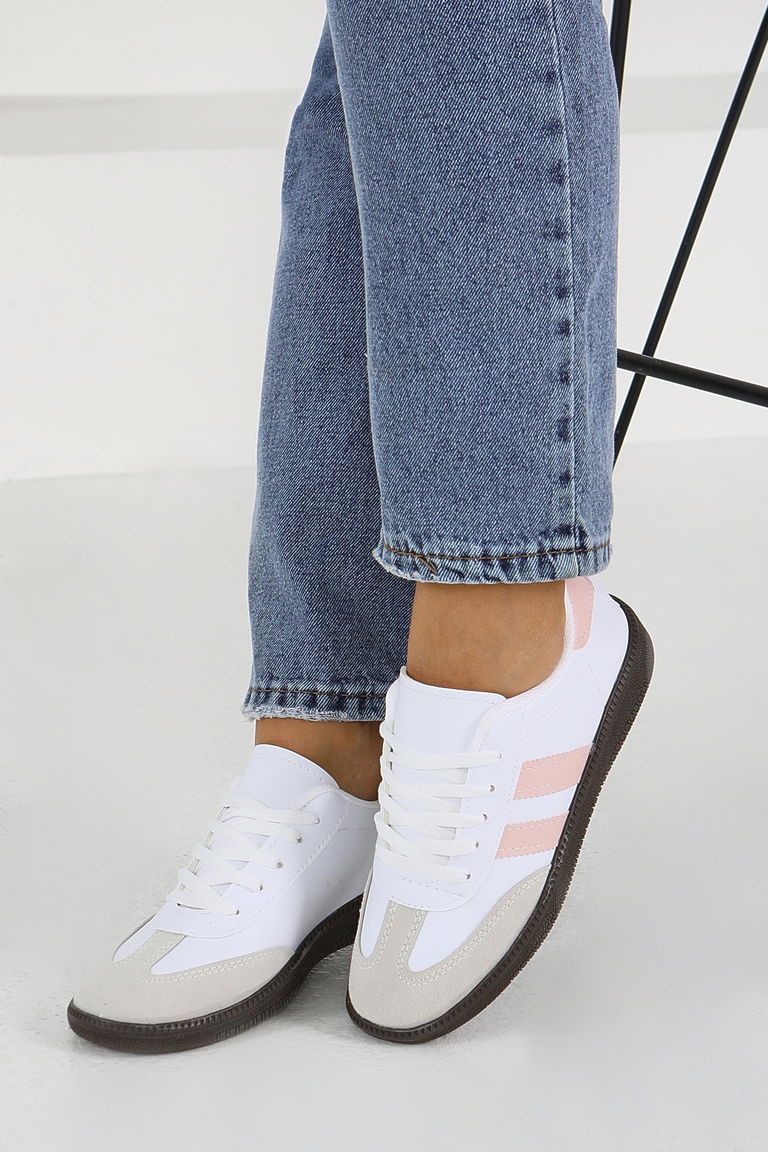 Kadın Beyaz Pembe Suni Deri Spor Ayakkabı - 27702 - TOFİSA