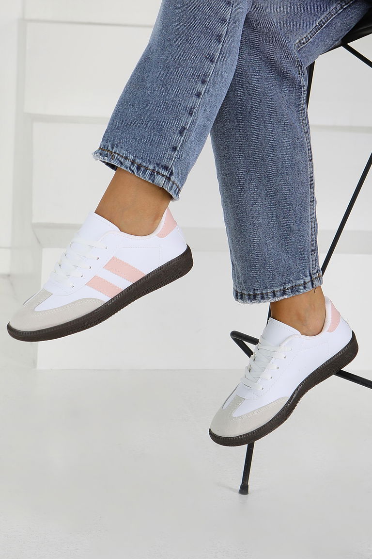 Kadın Beyaz Pembe Suni Deri Spor Ayakkabı - 27702 - TOFİSA