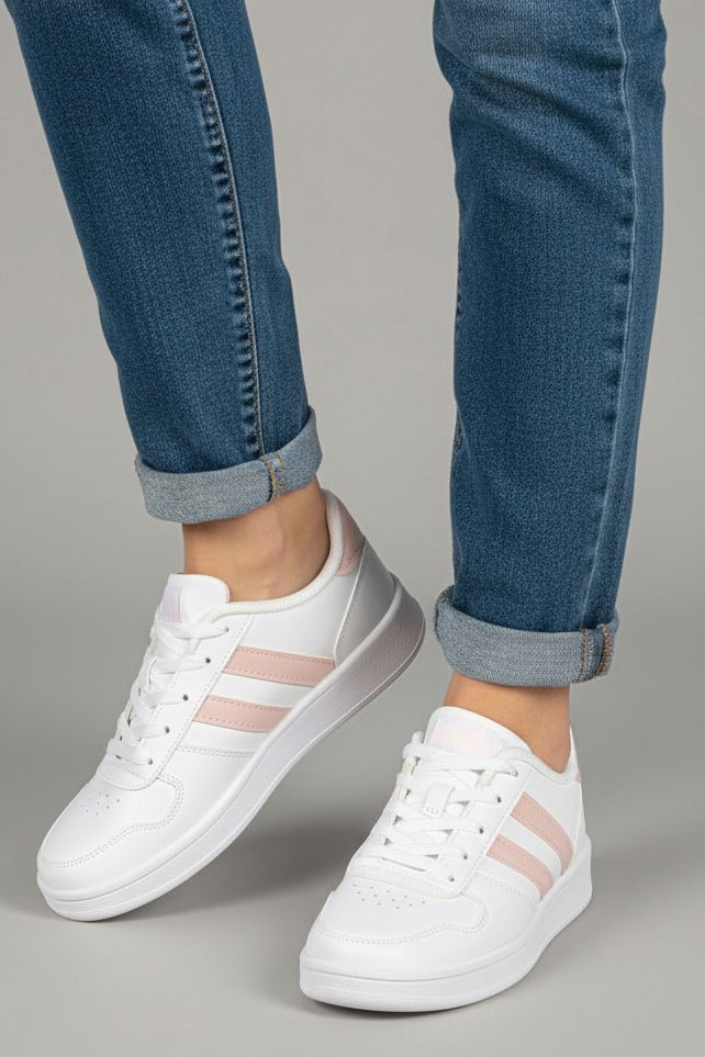 Kadın Beyaz Pudra Çizgili Suni Deri Spor Ayakkabı - 27888-BEYAZ-PUDRA - 1