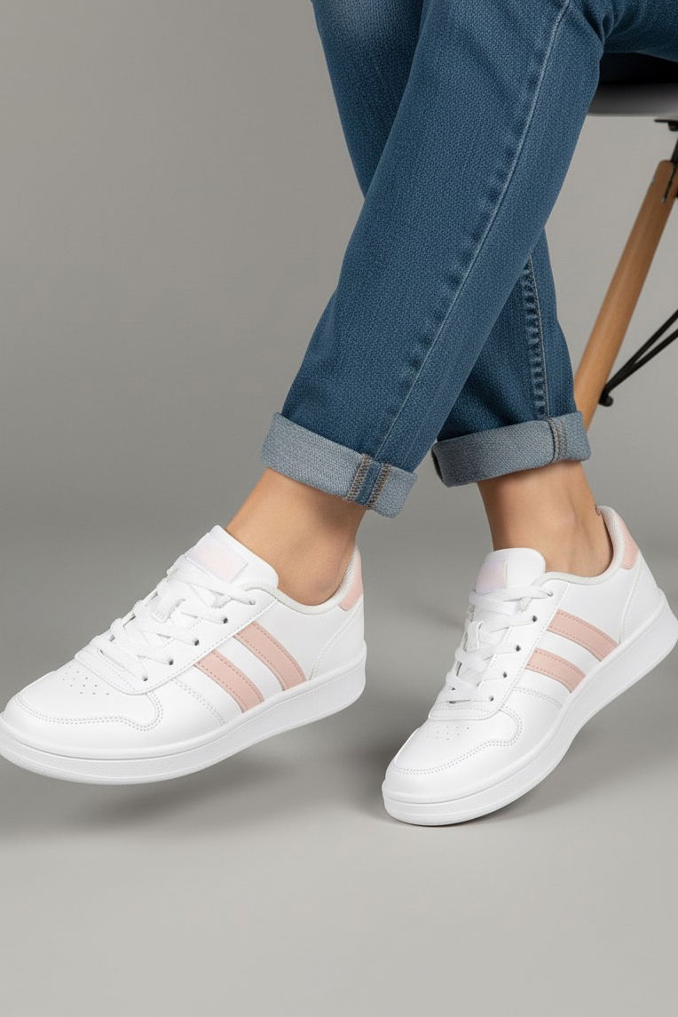 Kadın Beyaz Pudra Çizgili Suni Deri Spor Ayakkabı - 27888-BEYAZ-PUDRA - 2