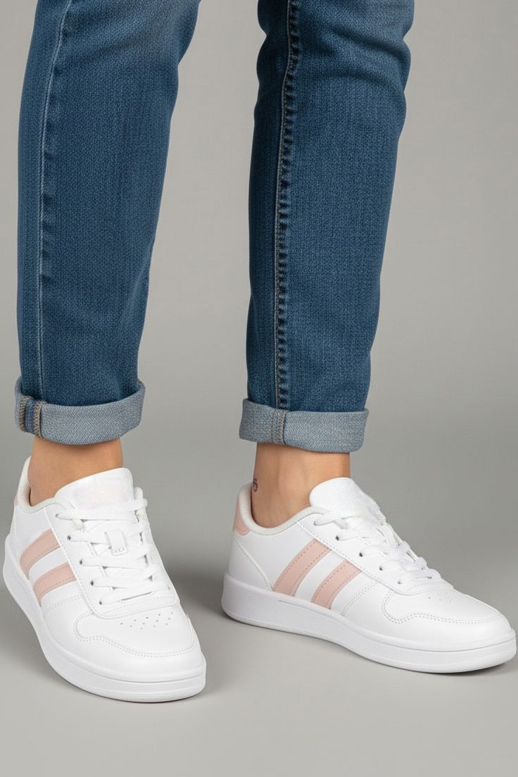 Kadın Beyaz Pudra Çizgili Suni Deri Spor Ayakkabı - 27888-BEYAZ-PUDRA - 3