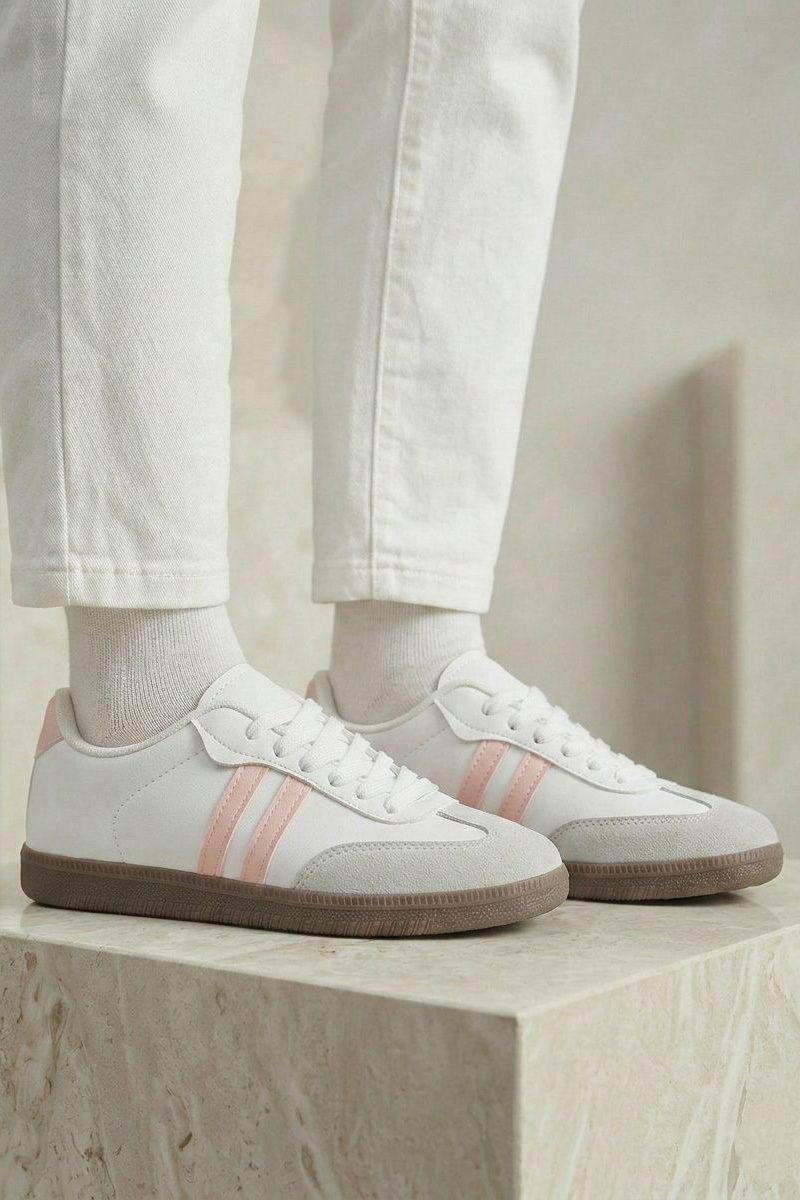 Kadın Beyaz Pudra Süet Detatlı Spor Ayakkabı - 28105-BEYAZ-PUDRA - 1