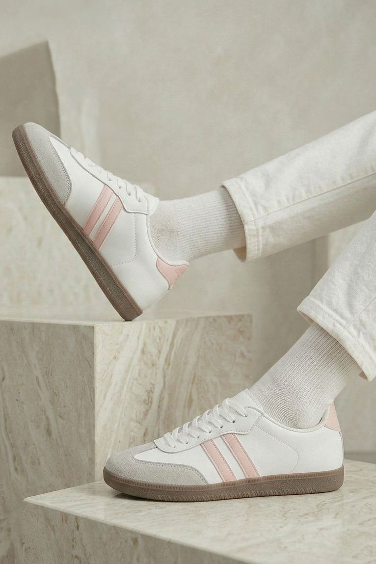 Kadın Beyaz Pudra Süet Detatlı Spor Ayakkabı - 28105-BEYAZ-PUDRA - 4