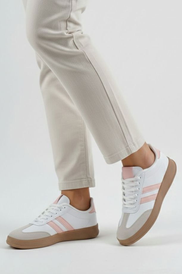 Kadın Beyaz Pudra Süet Detatlı Spor Ayakkabı - 28106-BEYAZ-PUDRA - 2