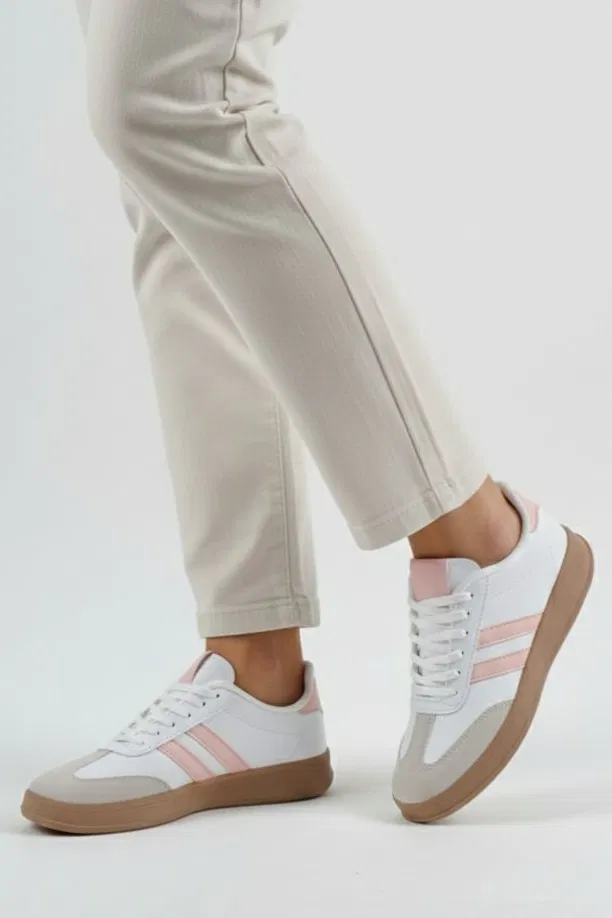 Kadın Beyaz Pudra Süet Detatlı Spor Ayakkabı - 28106-BEYAZ-PUDRA - TOFİSA