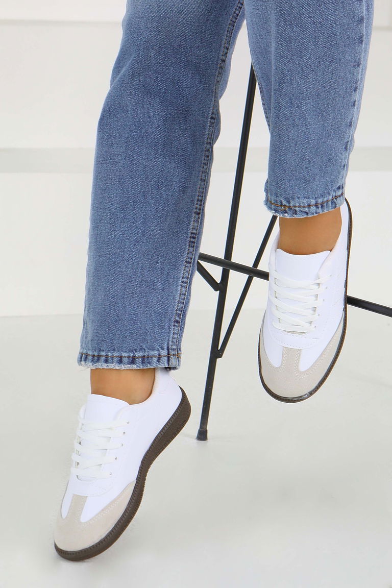 Kadın Beyaz Suni Deri Spor Ayakkabı - 27702 - TOFİSA