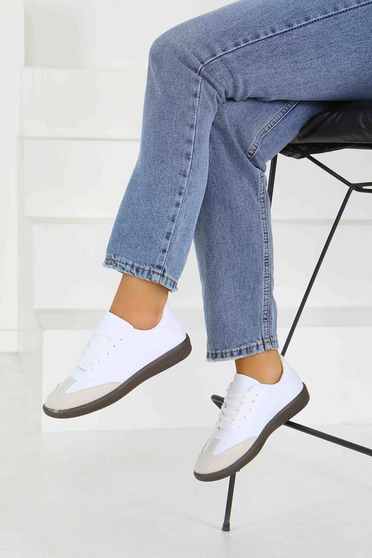 Kadın Beyaz Suni Deri Spor Ayakkabı - 27702 - TOFİSA