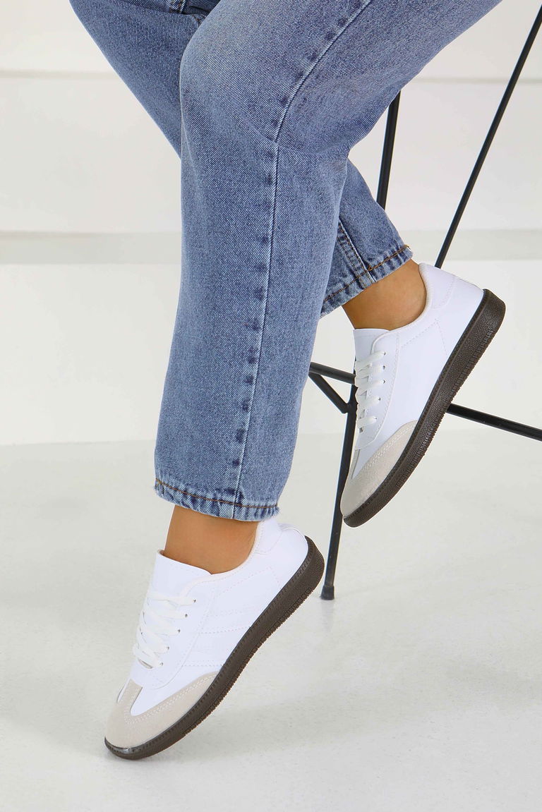 Kadın Beyaz Suni Deri Spor Ayakkabı - 27702 - TOFİSA