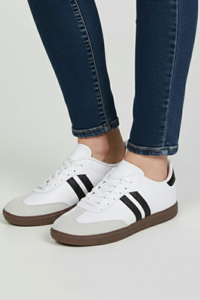 Kadın Beyaz Siyah Süet Detatlı Spor Ayakkabı - 28105-BEYAZ-SIYAH - 2