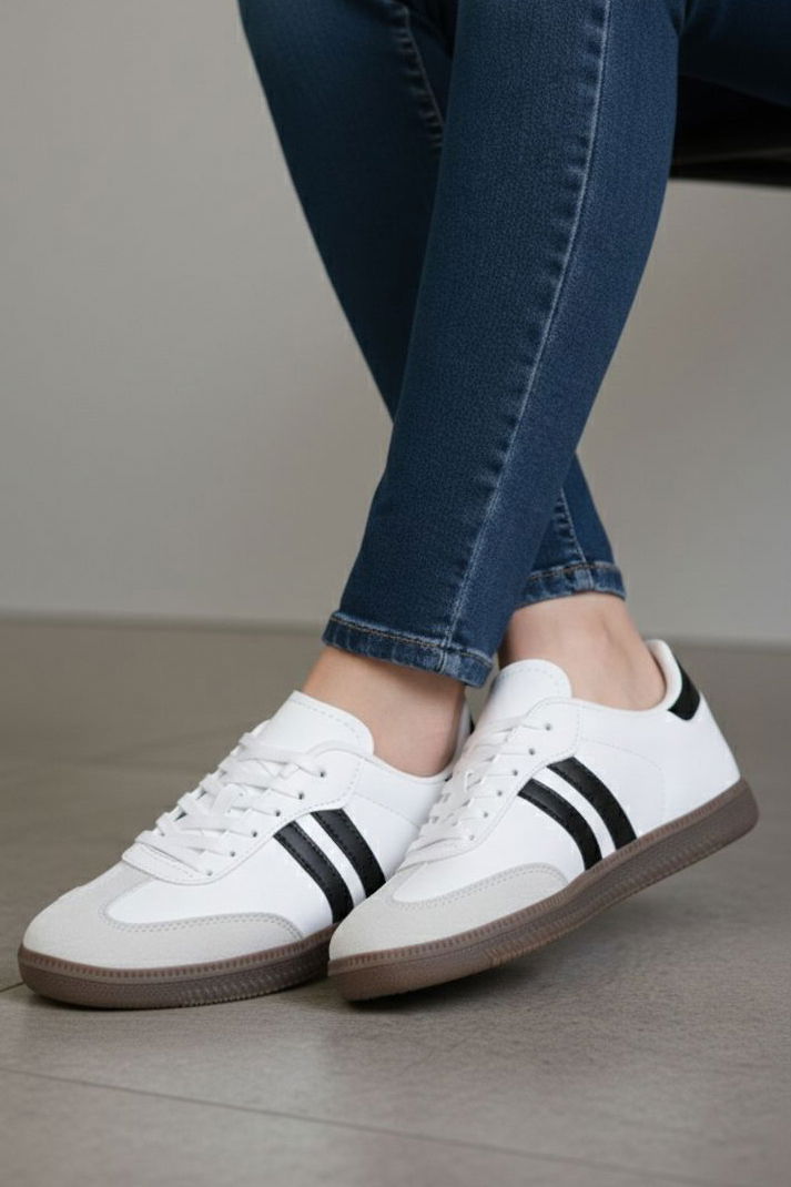 Kadın Beyaz Siyah Süet Detatlı Spor Ayakkabı - 28105-BEYAZ-SIYAH - TOFİSA