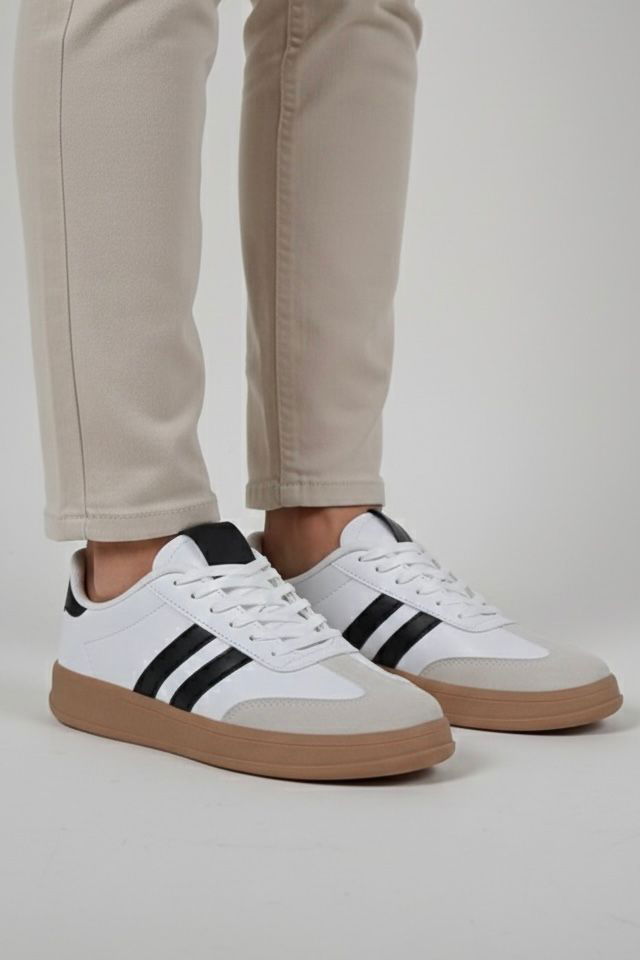 Kadın Beyaz Siyah Süet Detatlı Spor Ayakkabı - 28106-BEYAZ-SIYAH - TOFİSA