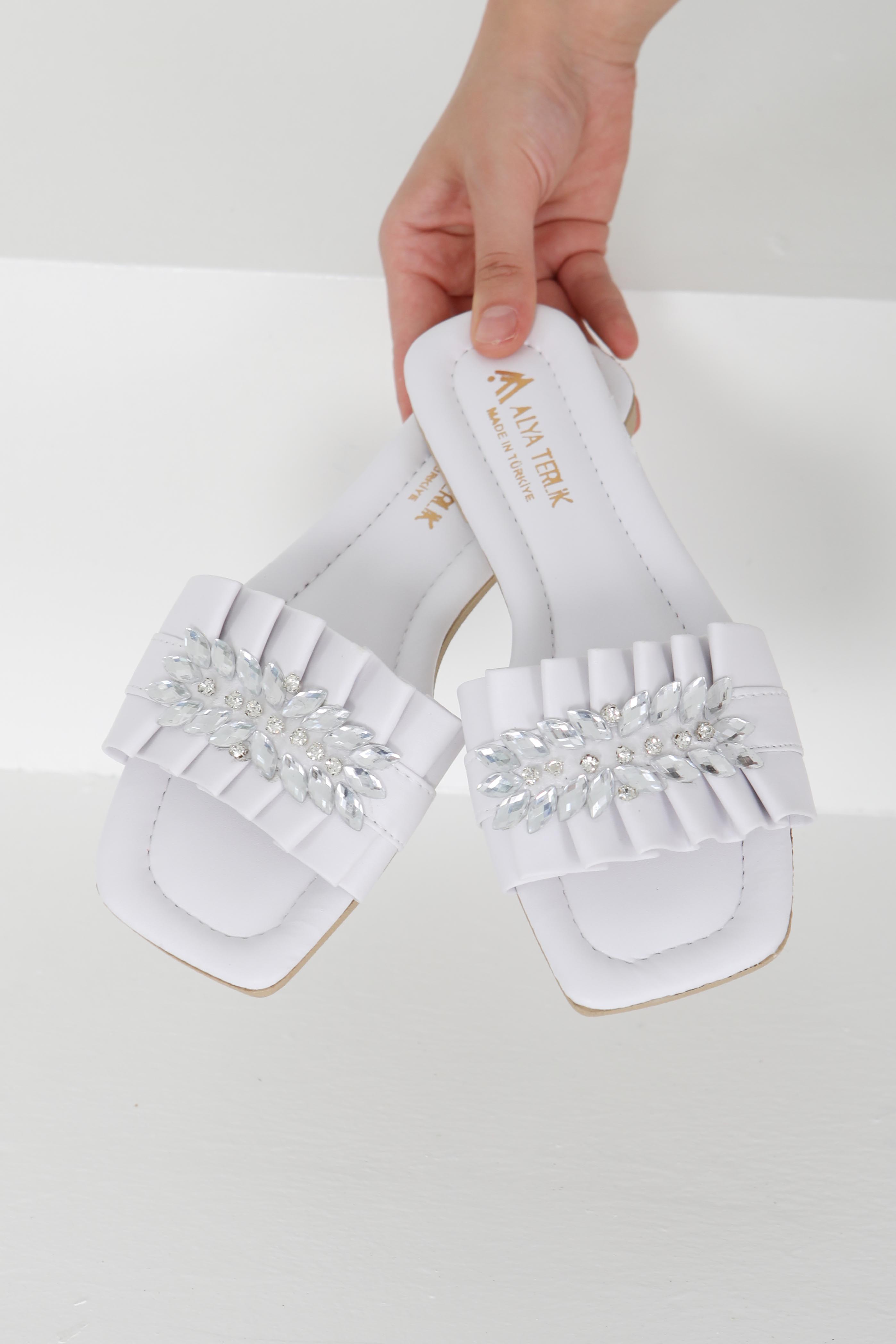 Kadın Beyaz Taşlı Terlik - 27402 - 3