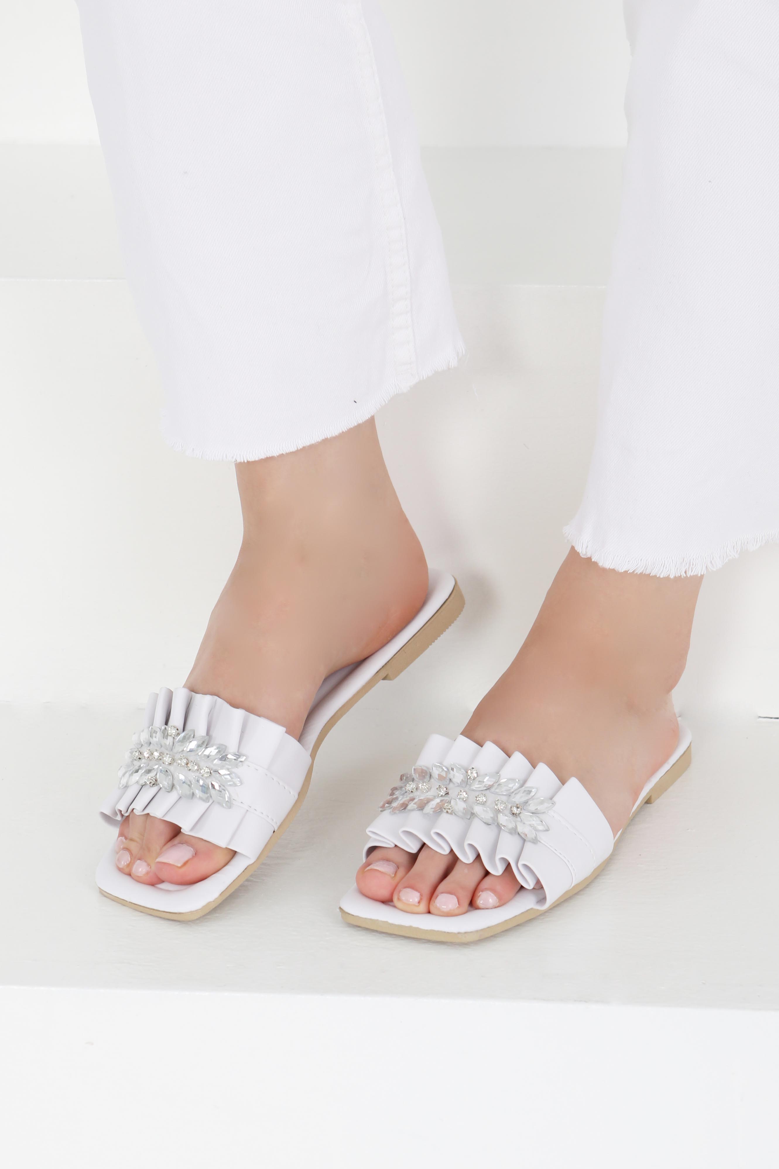 Kadın Beyaz Taşlı Terlik - 27402 - 4