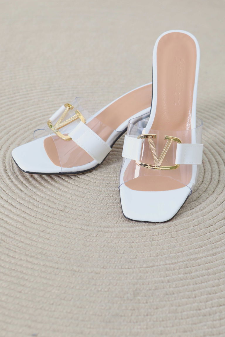 Kadın Beyaz Tokalı Şeffaf Topuklu Terlik - 27113 - TOFİSA