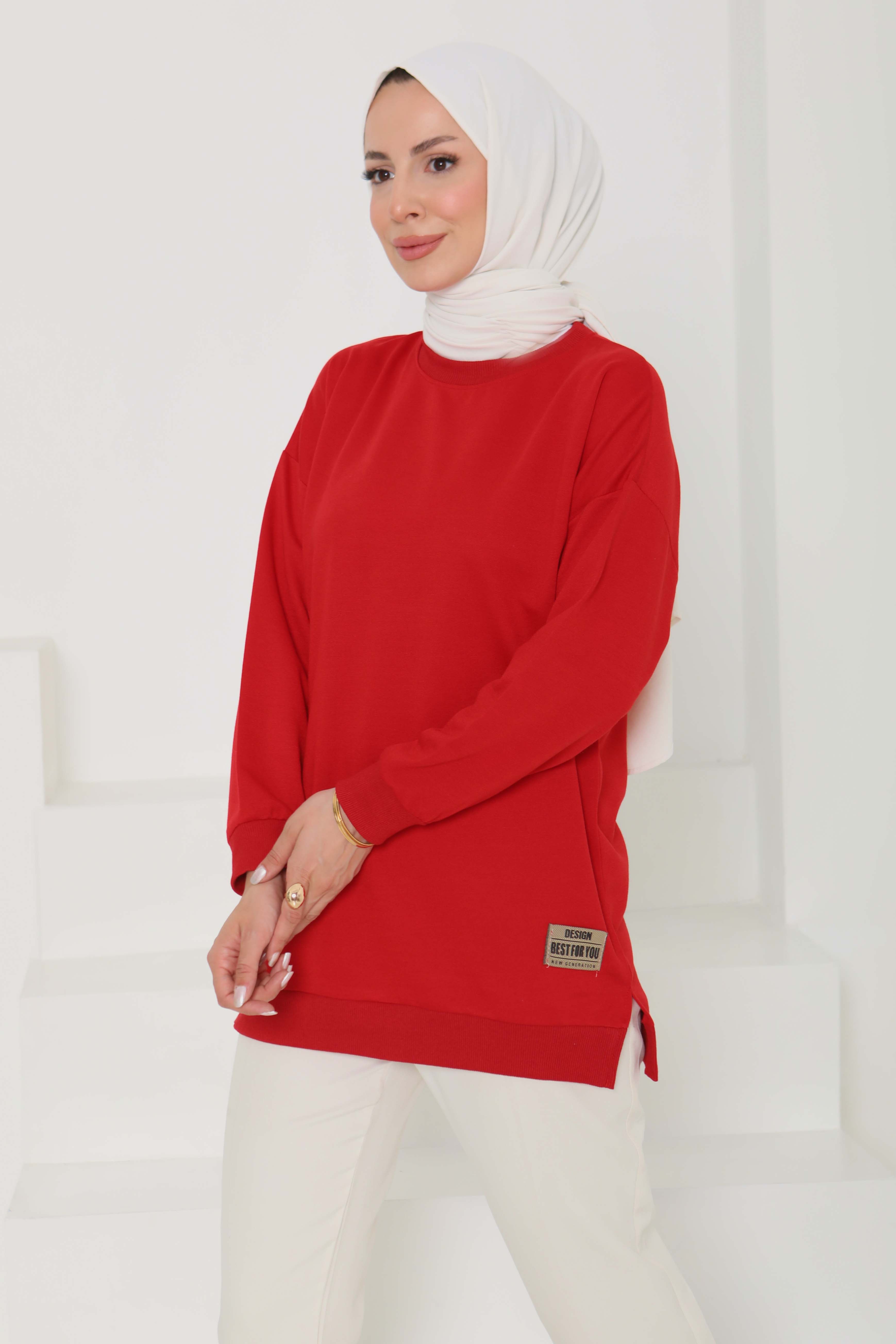 Kadın Bisiklet Yaka Armalı Sweat Kirmizi - 26585 - 3