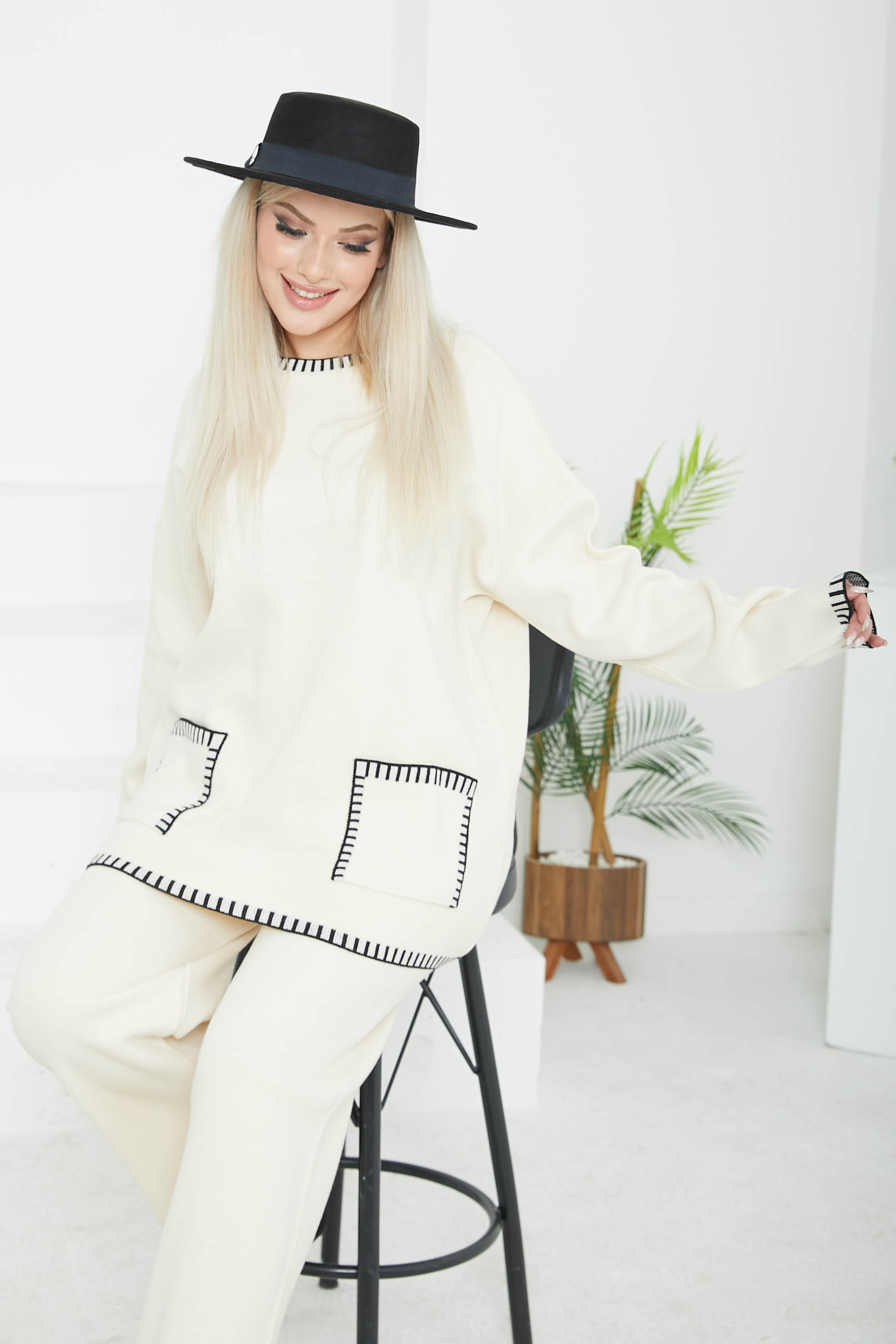 Kadın Bisiklet Yaka Cepli Çoban Dikiş Tunik ve Bol Paça Pantolon Triko Alt Üst Takım - 26812 - 2