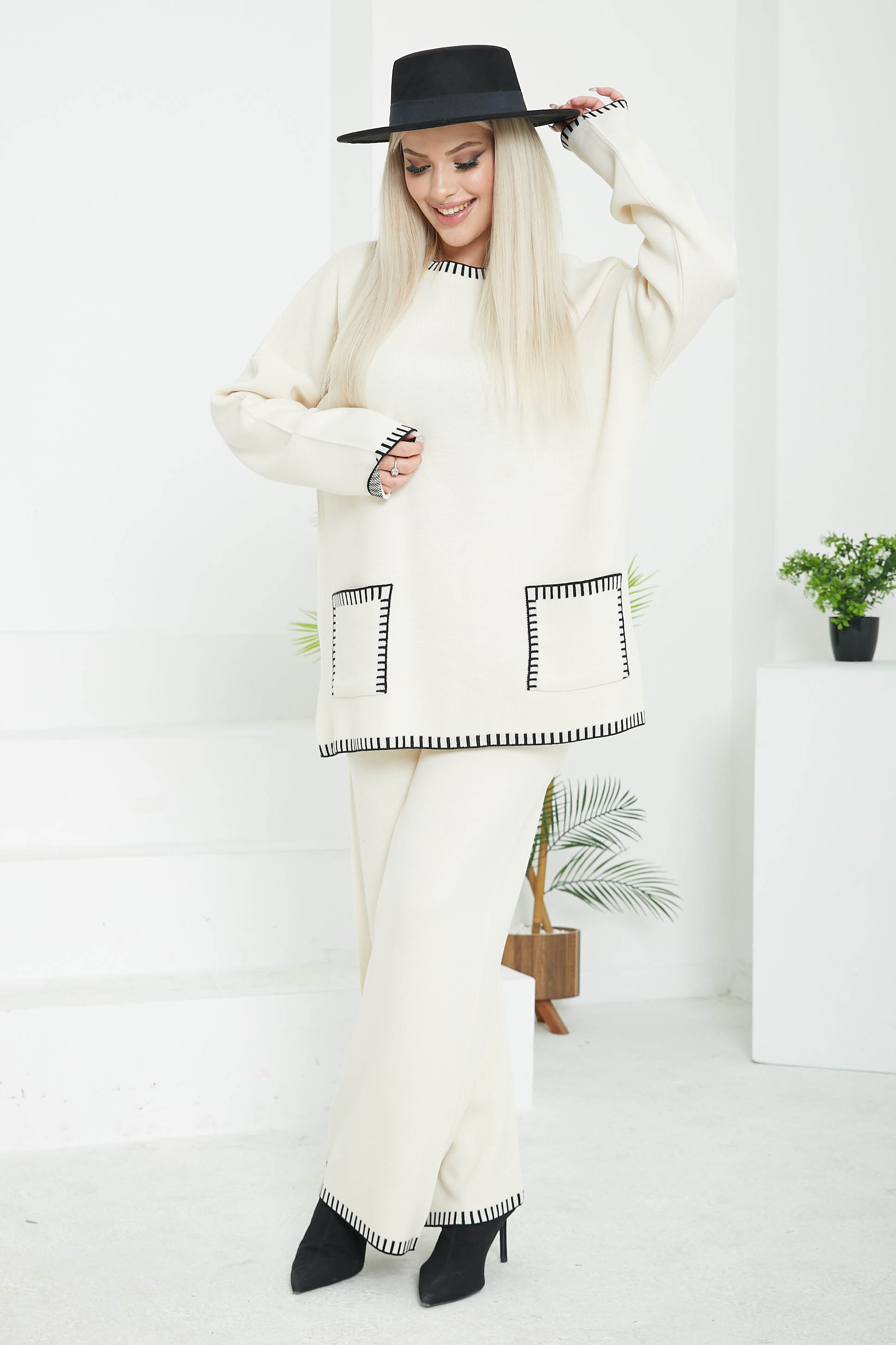 Kadın Bisiklet Yaka Cepli Çoban Dikiş Tunik ve Bol Paça Pantolon Triko Alt Üst Takım - 26812 - 3