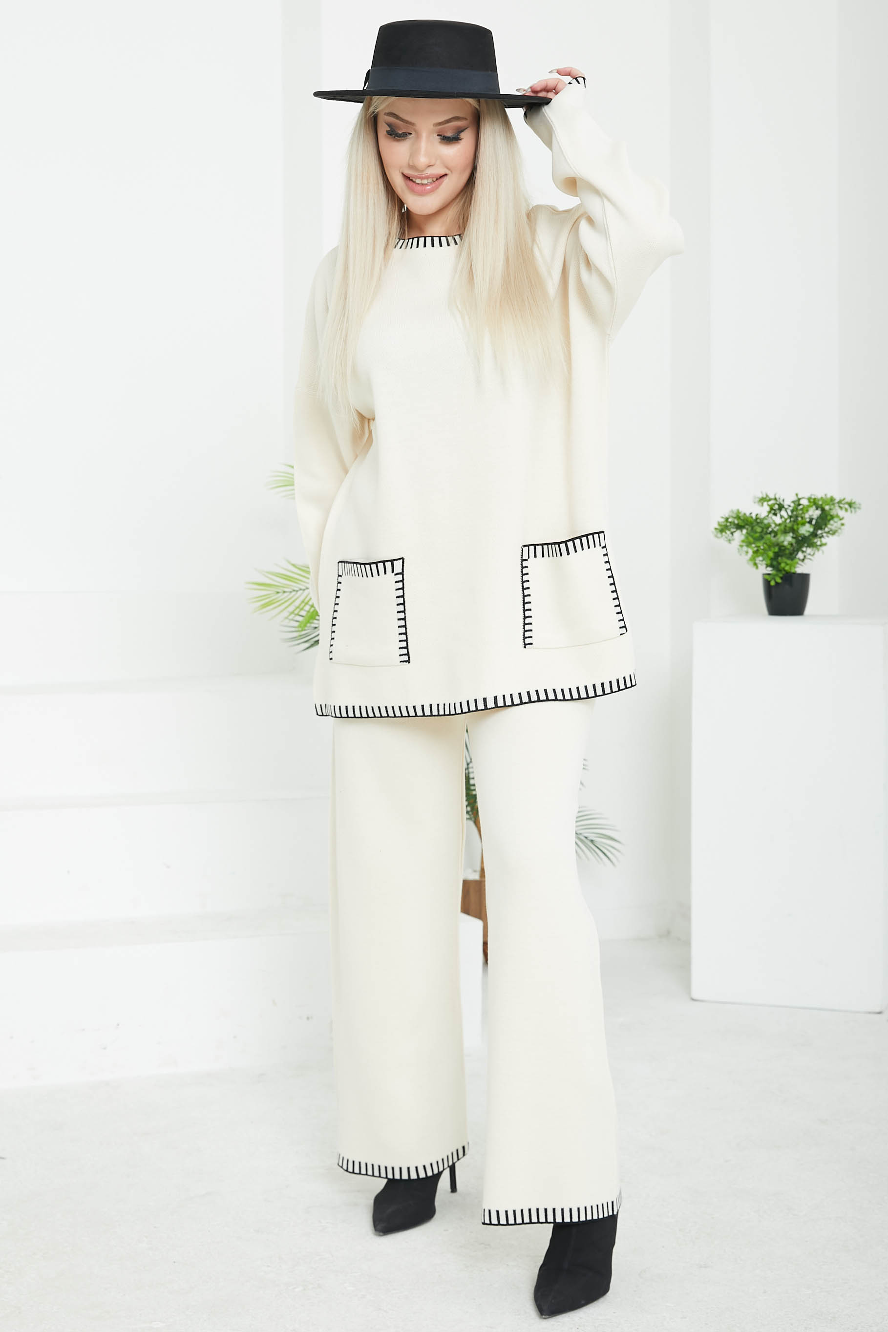 Kadın Bisiklet Yaka Cepli Çoban Dikiş Tunik ve Bol Paça Pantolon Triko Alt Üst Takım - 26812 - 5
