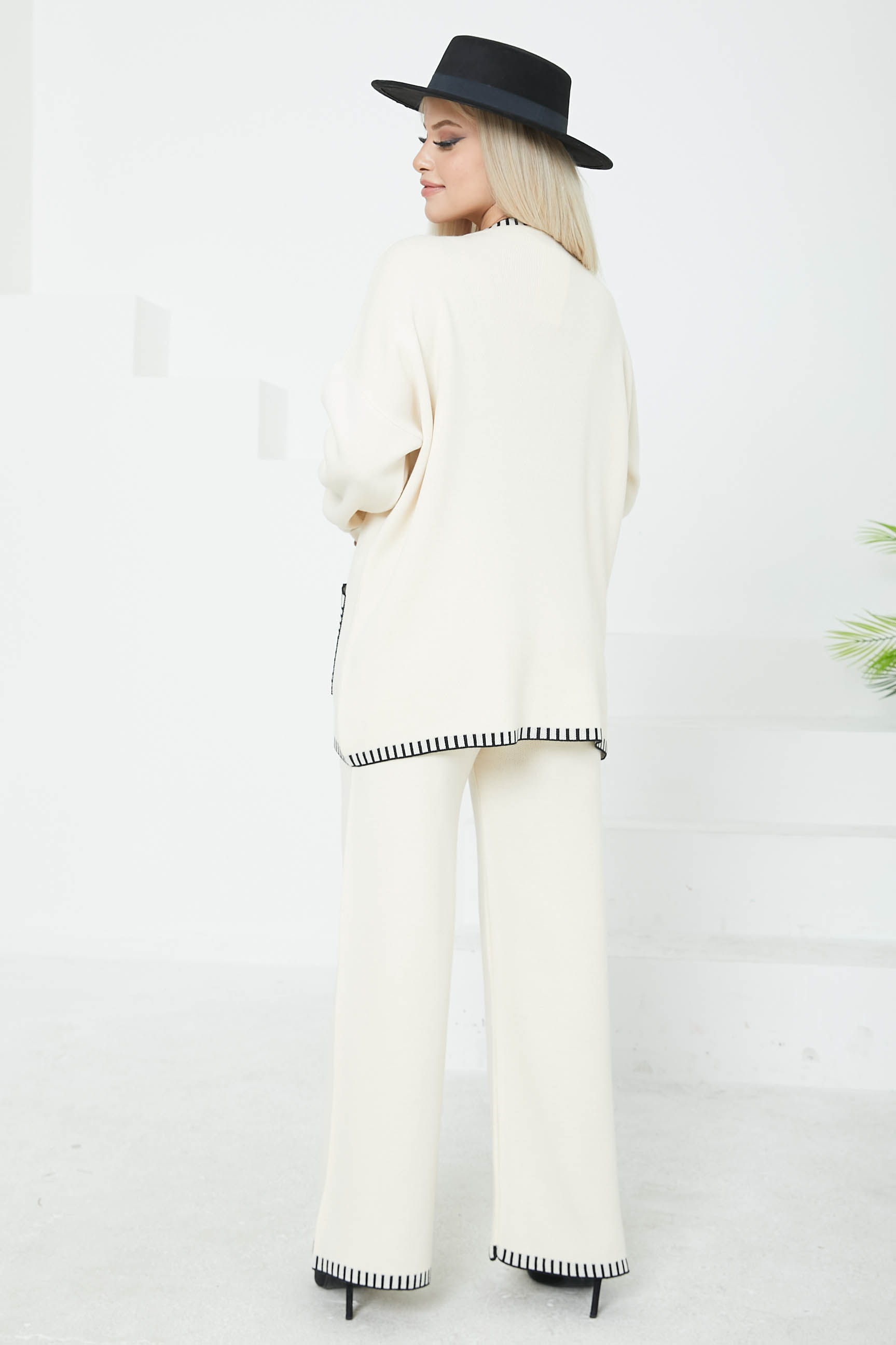 Kadın Bisiklet Yaka Cepli Çoban Dikiş Tunik ve Bol Paça Pantolon Triko Alt Üst Takım - 26812 - 7