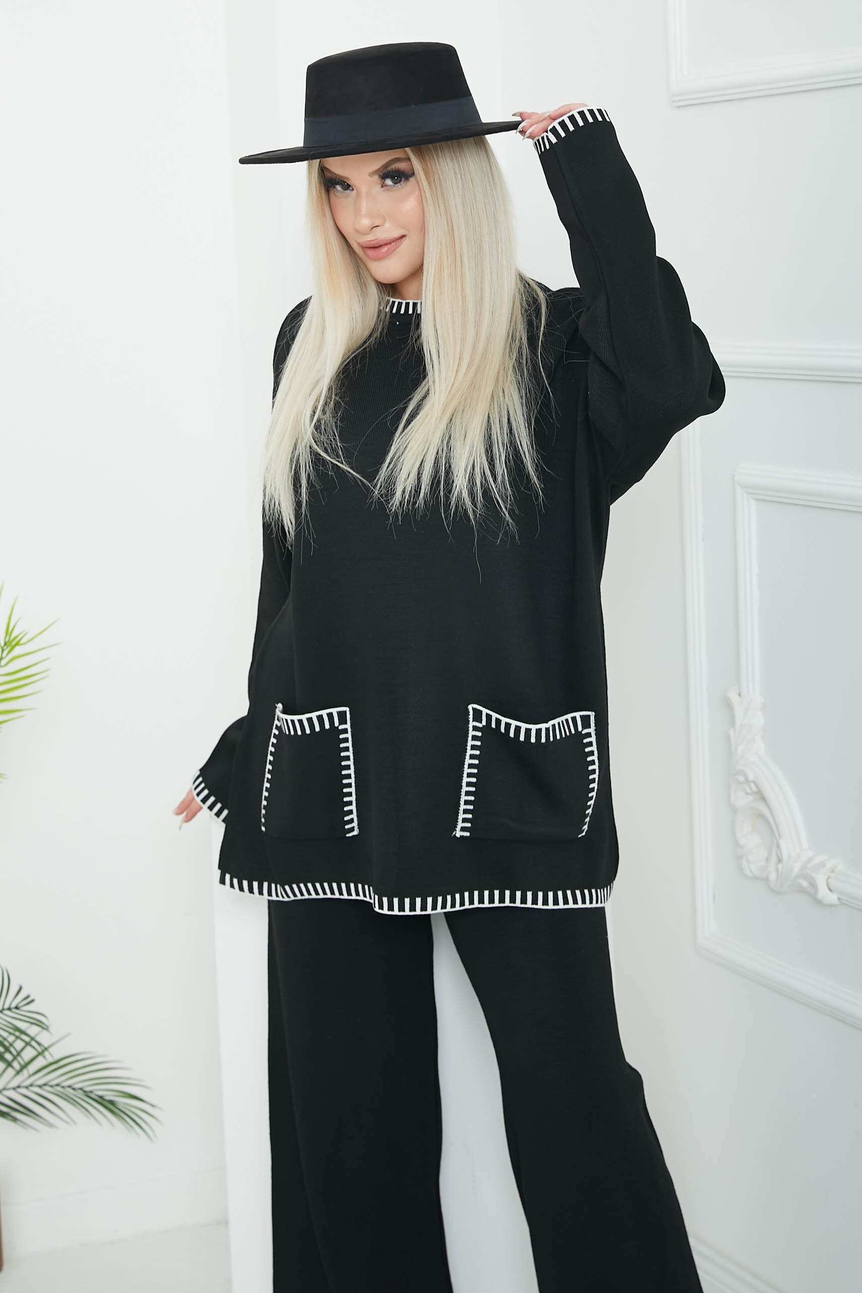 Kadın Bisiklet Yaka Cepli Çoban Dikiş Tunik ve Bol Paça Pantolon Triko Alt Üst Takım - 26812 - 2