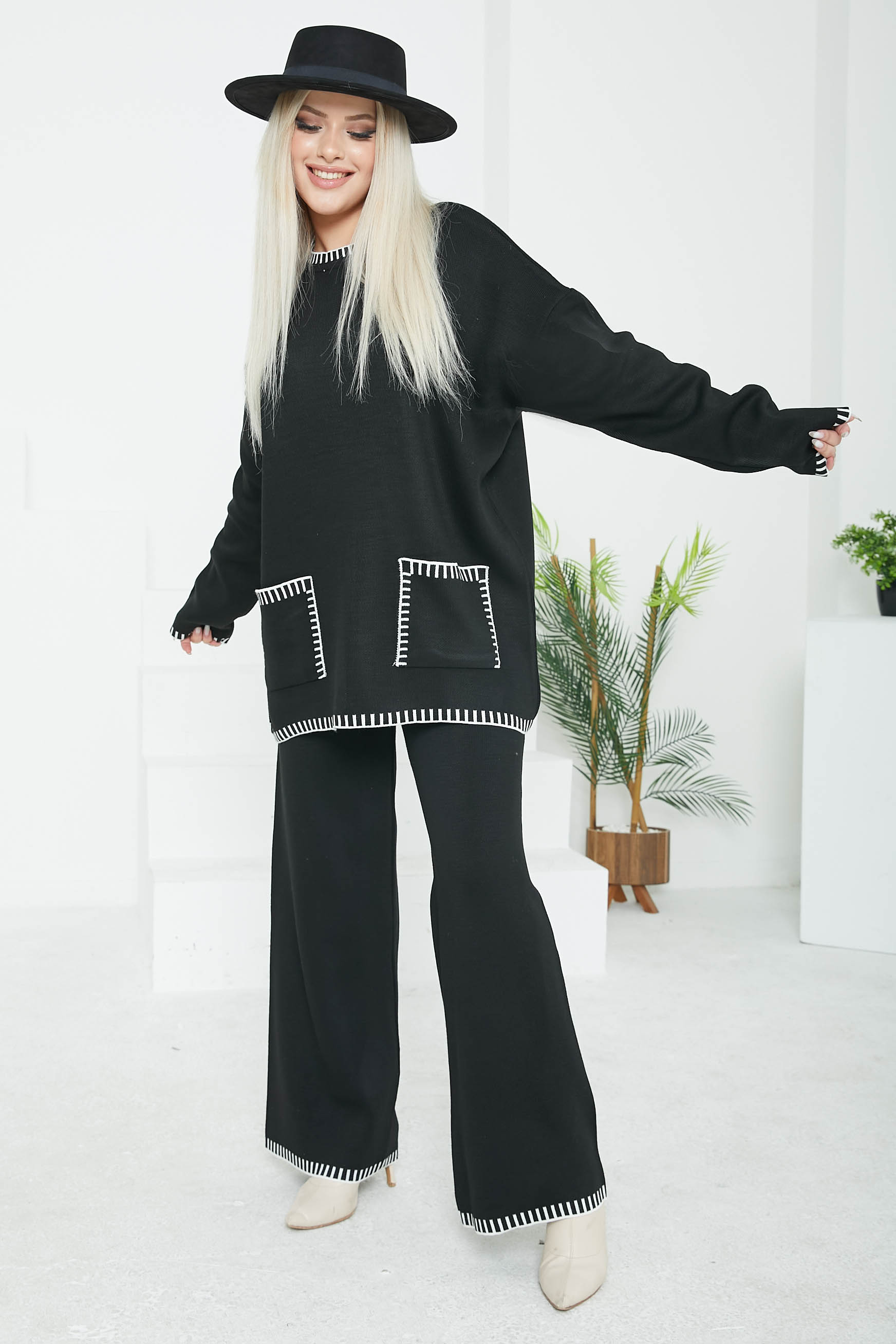 Kadın Bisiklet Yaka Cepli Çoban Dikiş Tunik ve Bol Paça Pantolon Triko Alt Üst Takım - 26812 - 3