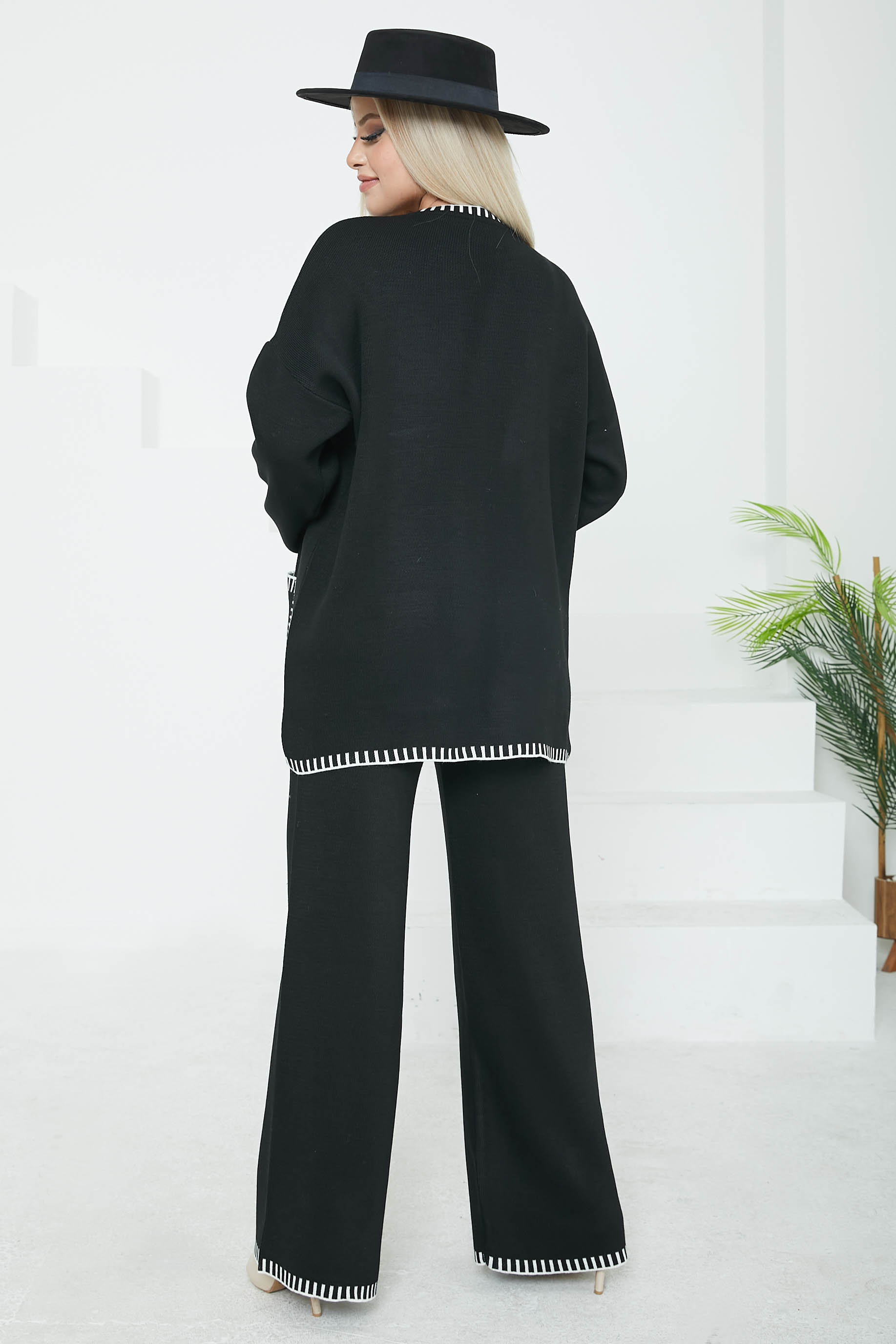 Kadın Bisiklet Yaka Cepli Çoban Dikiş Tunik ve Bol Paça Pantolon Triko Alt Üst Takım - 26812 - 6