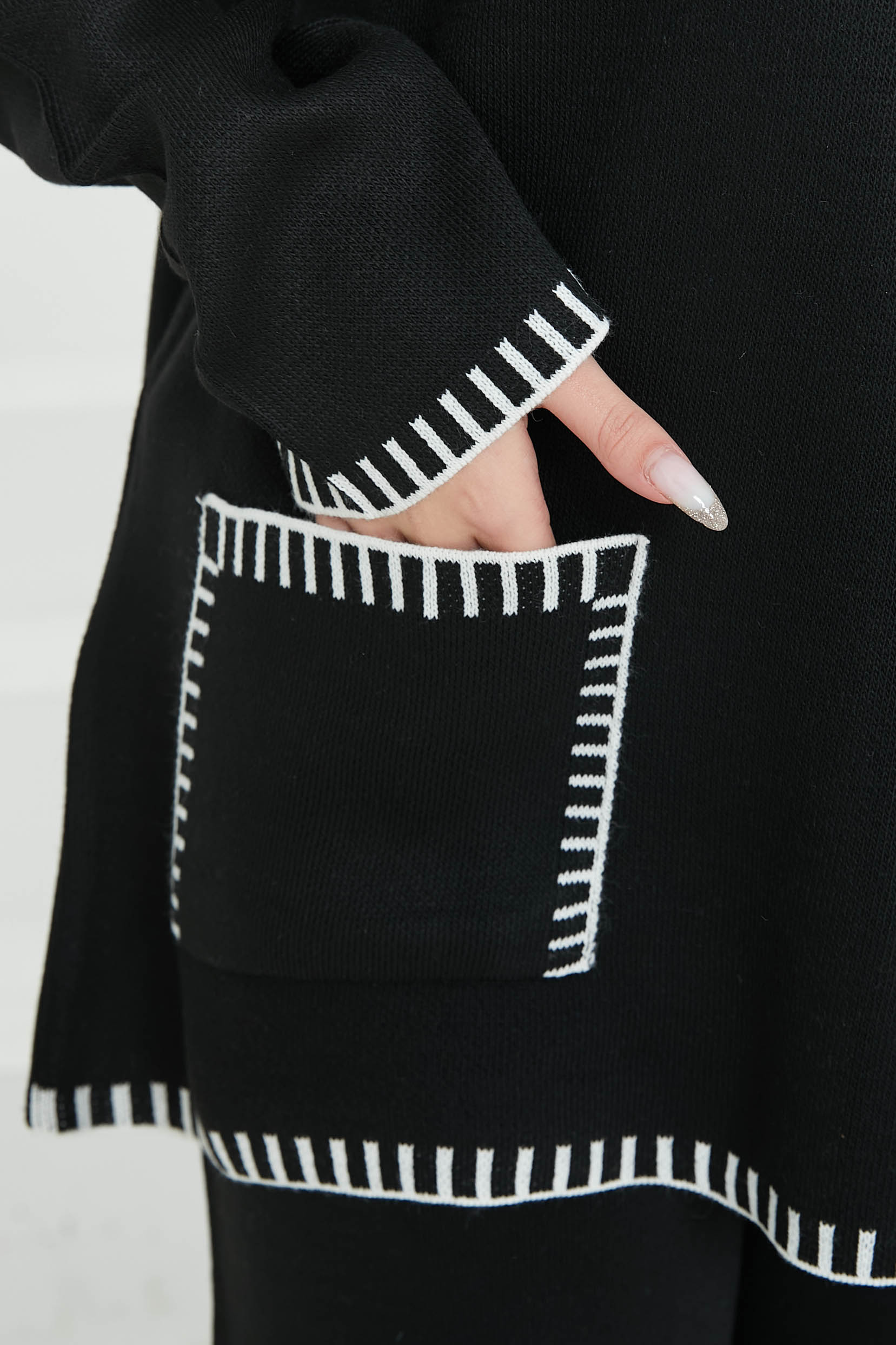 Kadın Bisiklet Yaka Cepli Çoban Dikiş Tunik ve Bol Paça Pantolon Triko Alt Üst Takım - 26812 - 7