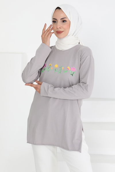 Kadın Bisiklet Yaka Çiçek Baskılı Tunik - 27197 