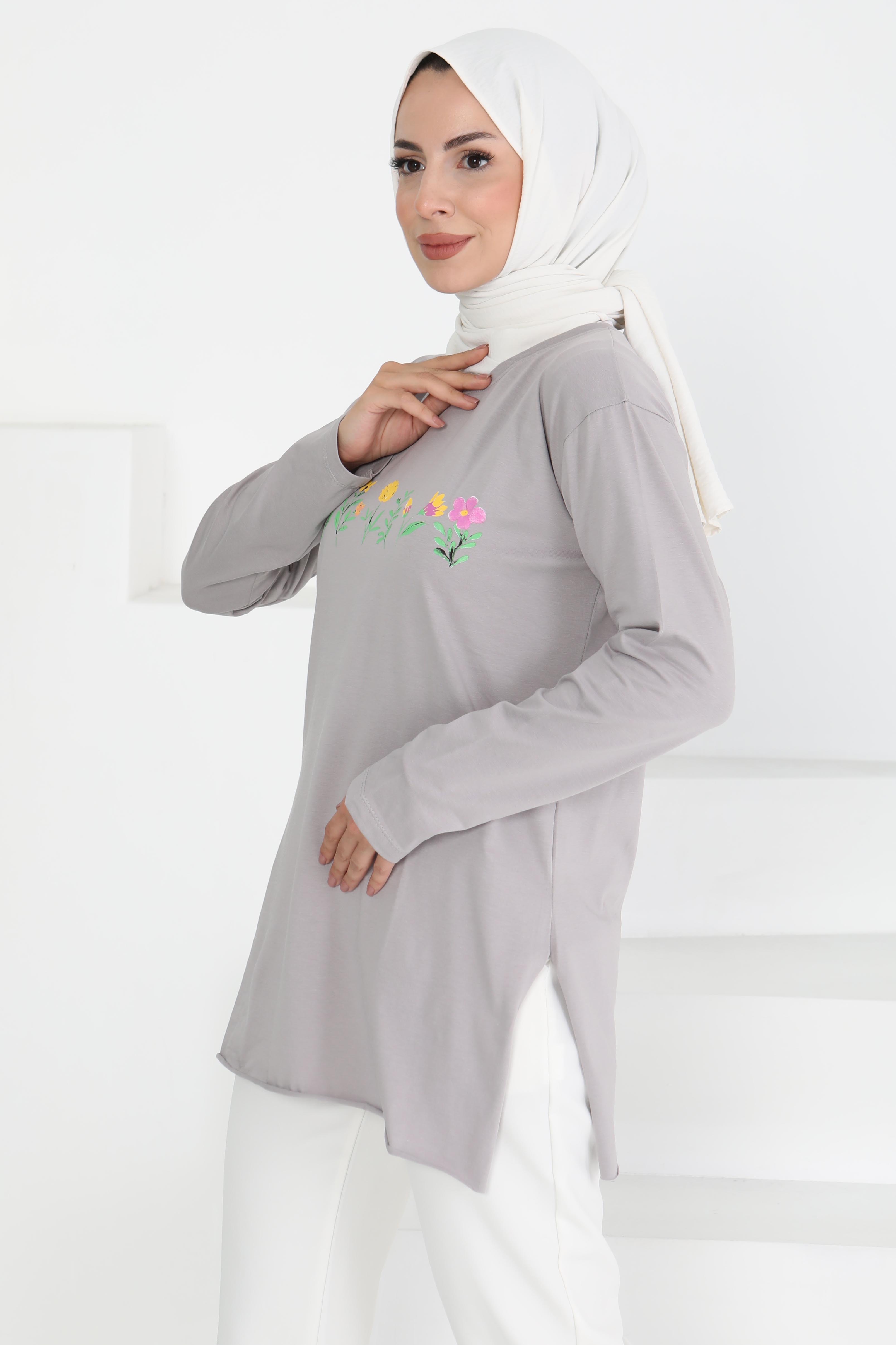 Kadın Bisiklet Yaka Çiçek Baskılı Tunik - 27197 - 2