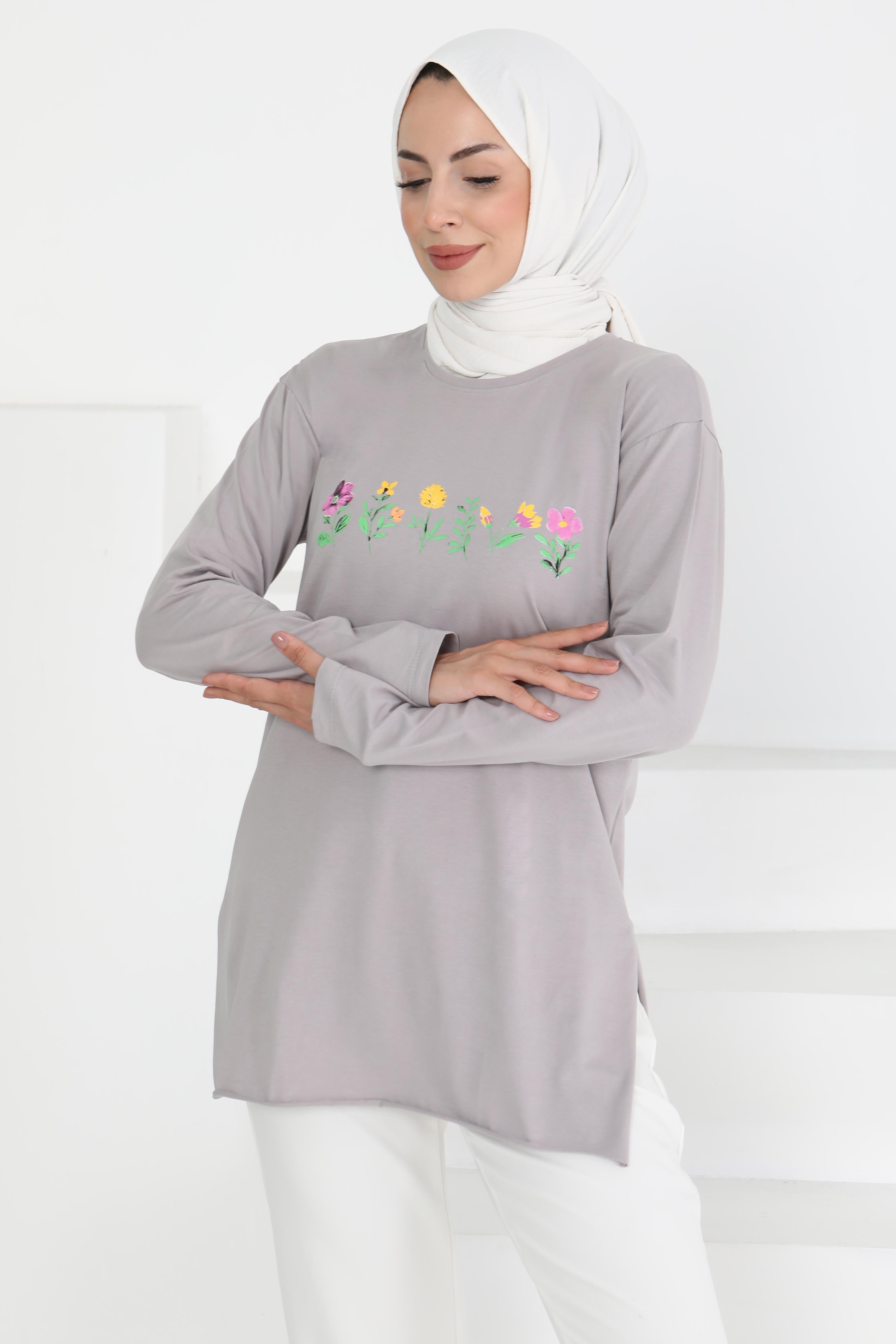 Kadın Bisiklet Yaka Çiçek Baskılı Tunik - 27197 - 3