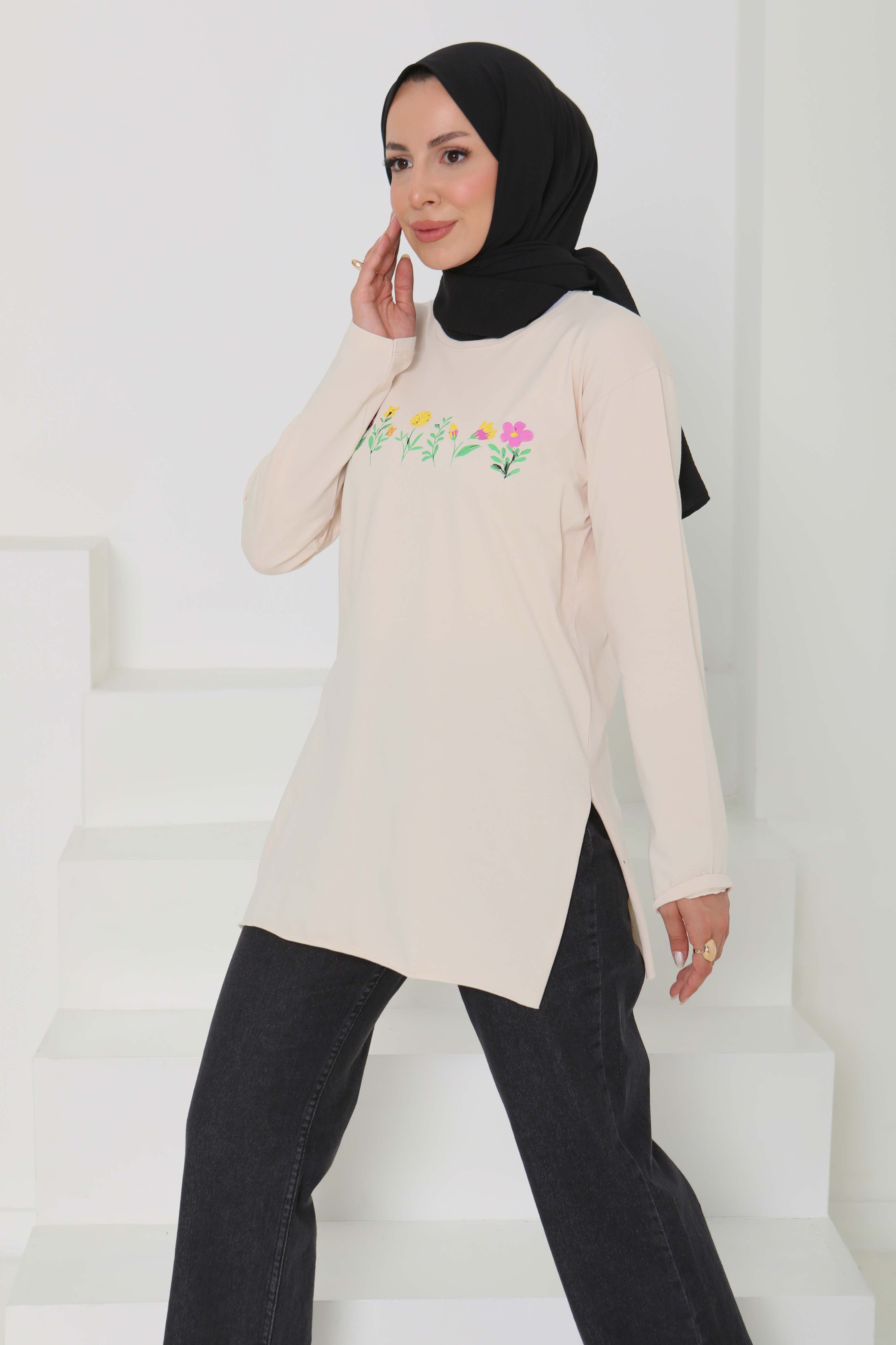 Kadın Bisiklet Yaka Çiçek Baskılı Tunik - 26628 - 1