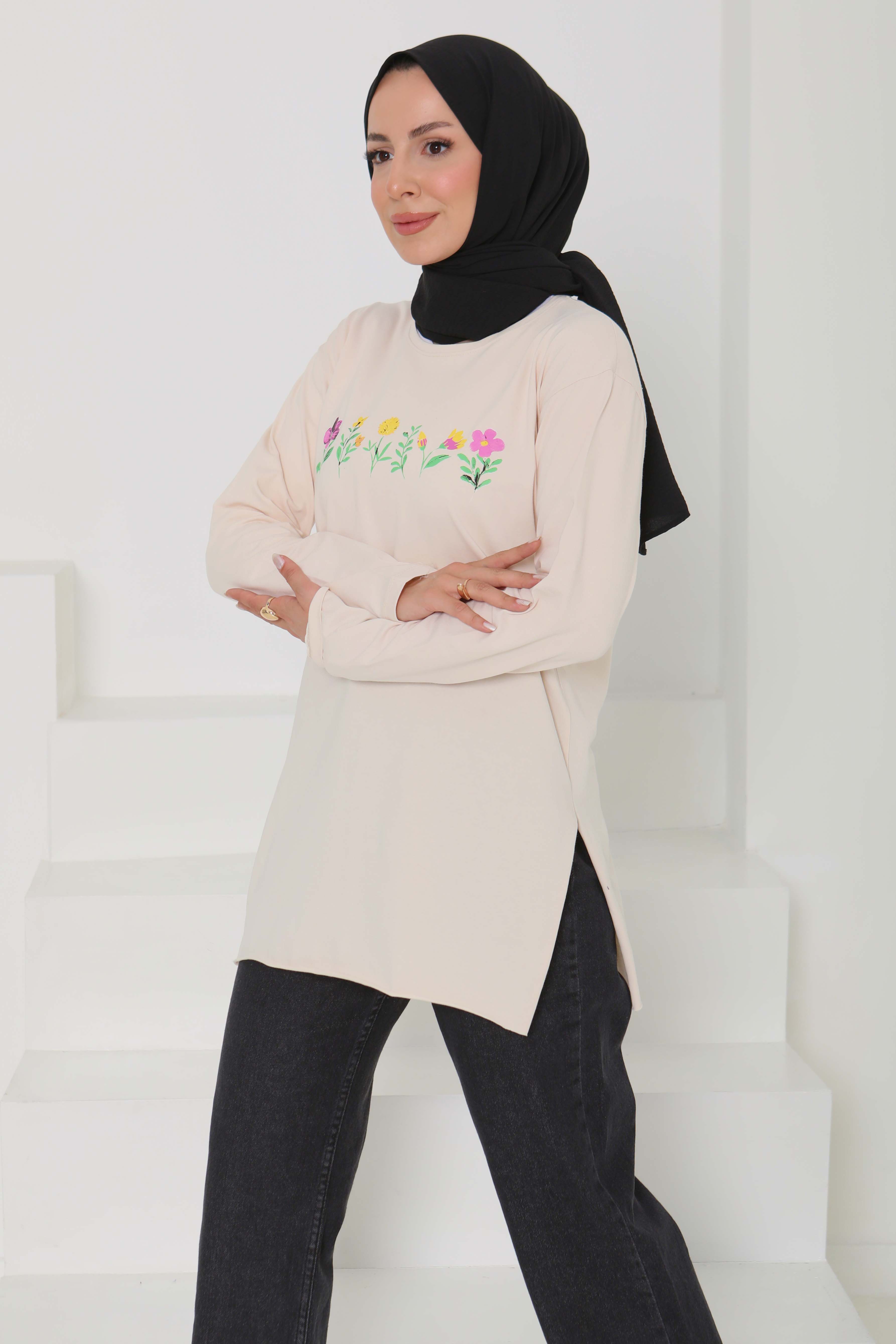 Kadın Bisiklet Yaka Çiçek Baskılı Tunik - 26628 - 2
