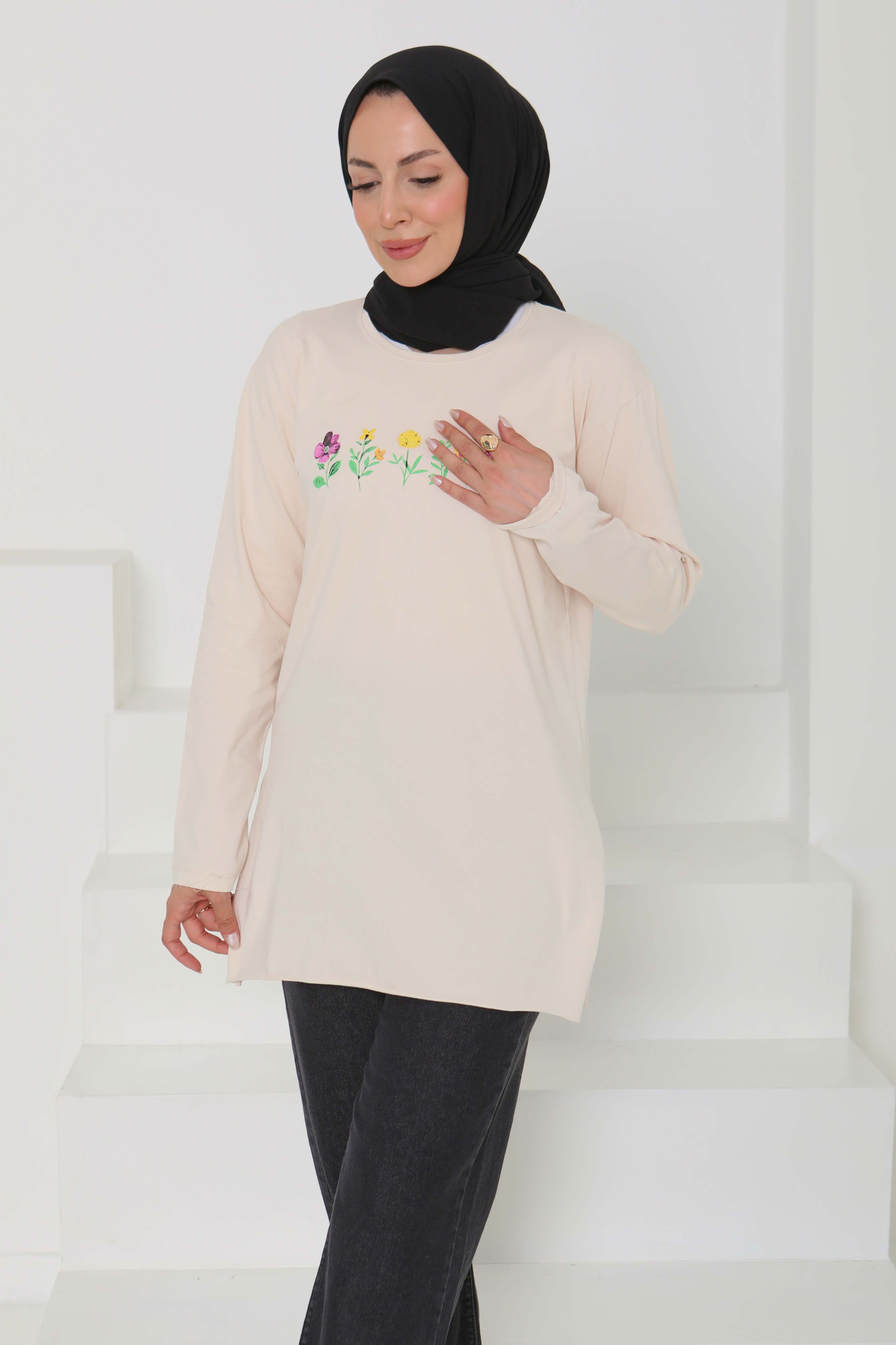 Kadın Bisiklet Yaka Çiçek Baskılı Tunik - 26628 - 3
