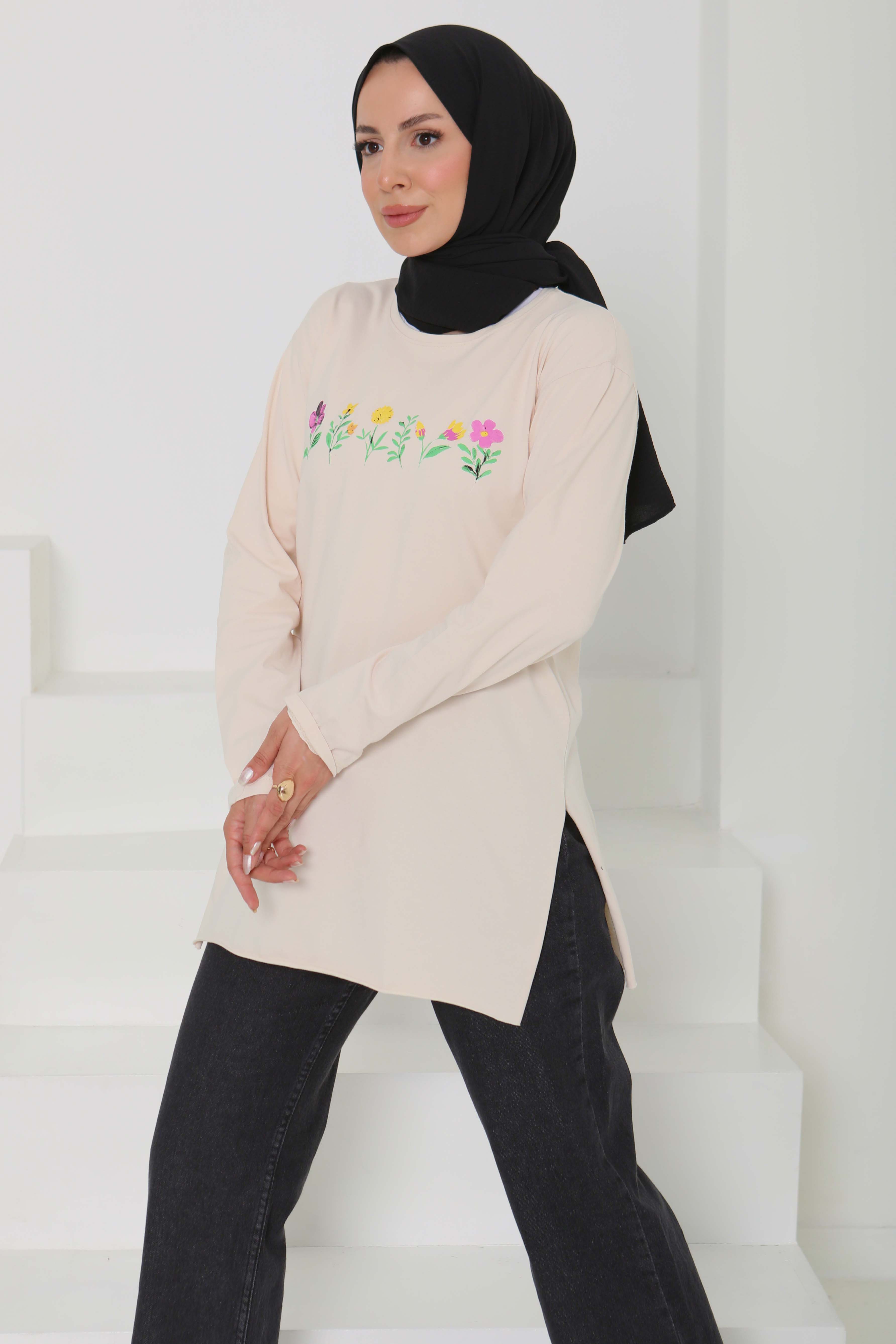 Kadın Bisiklet Yaka Çiçek Baskılı Tunik - 26628 - 4