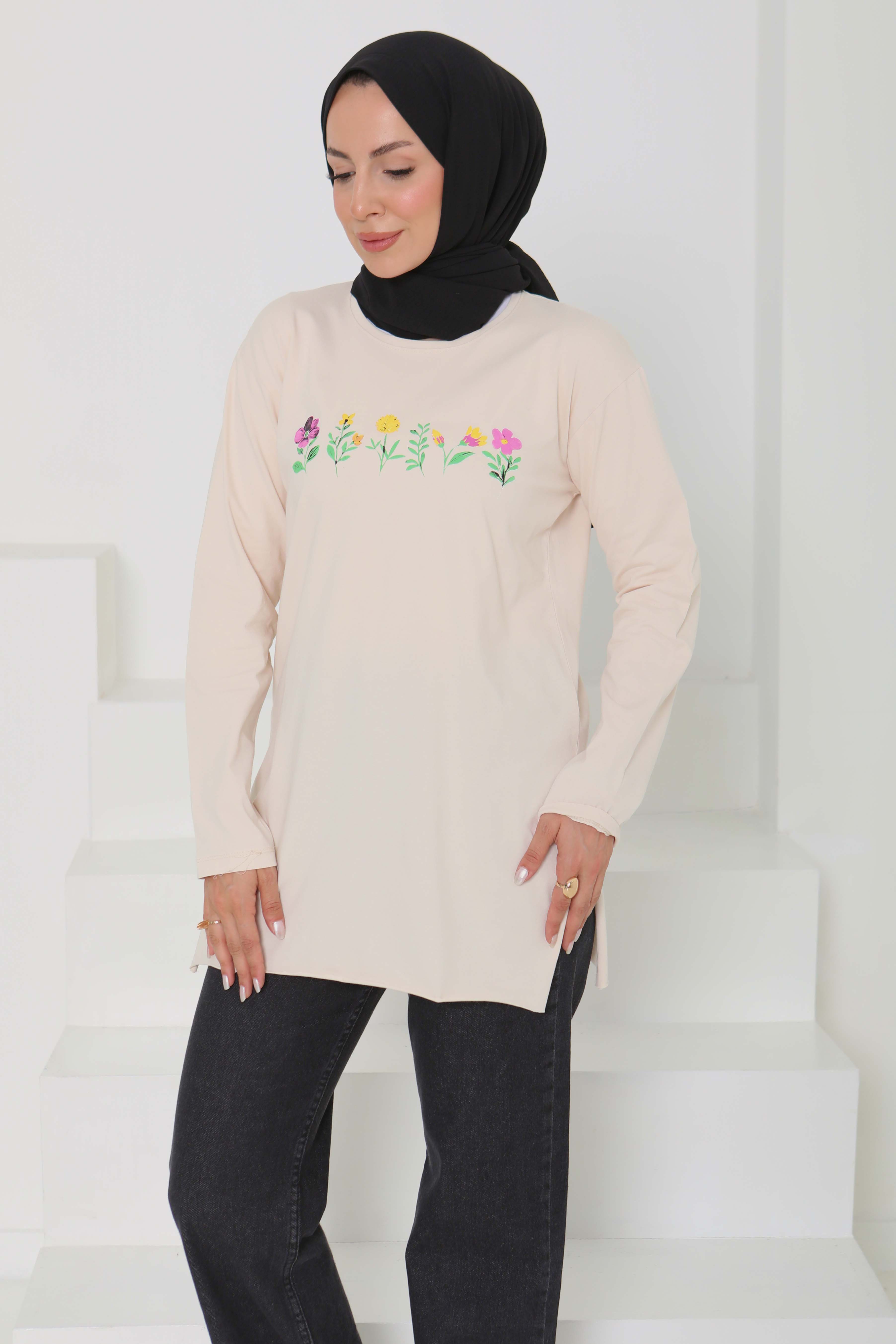 Kadın Bisiklet Yaka Çiçek Baskılı Tunik - 26628 - 5