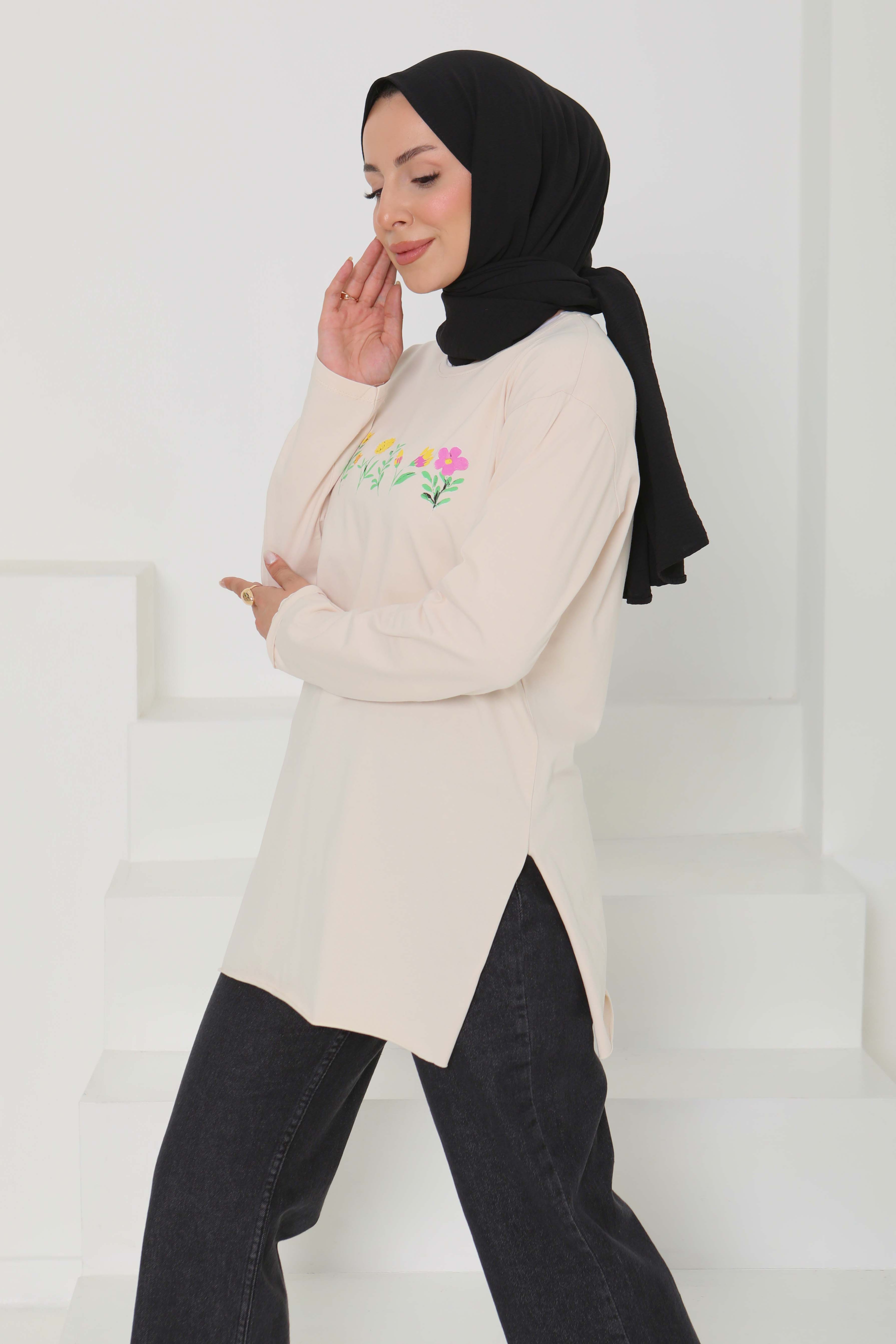 Kadın Bisiklet Yaka Çiçek Baskılı Tunik - 26628 - 6