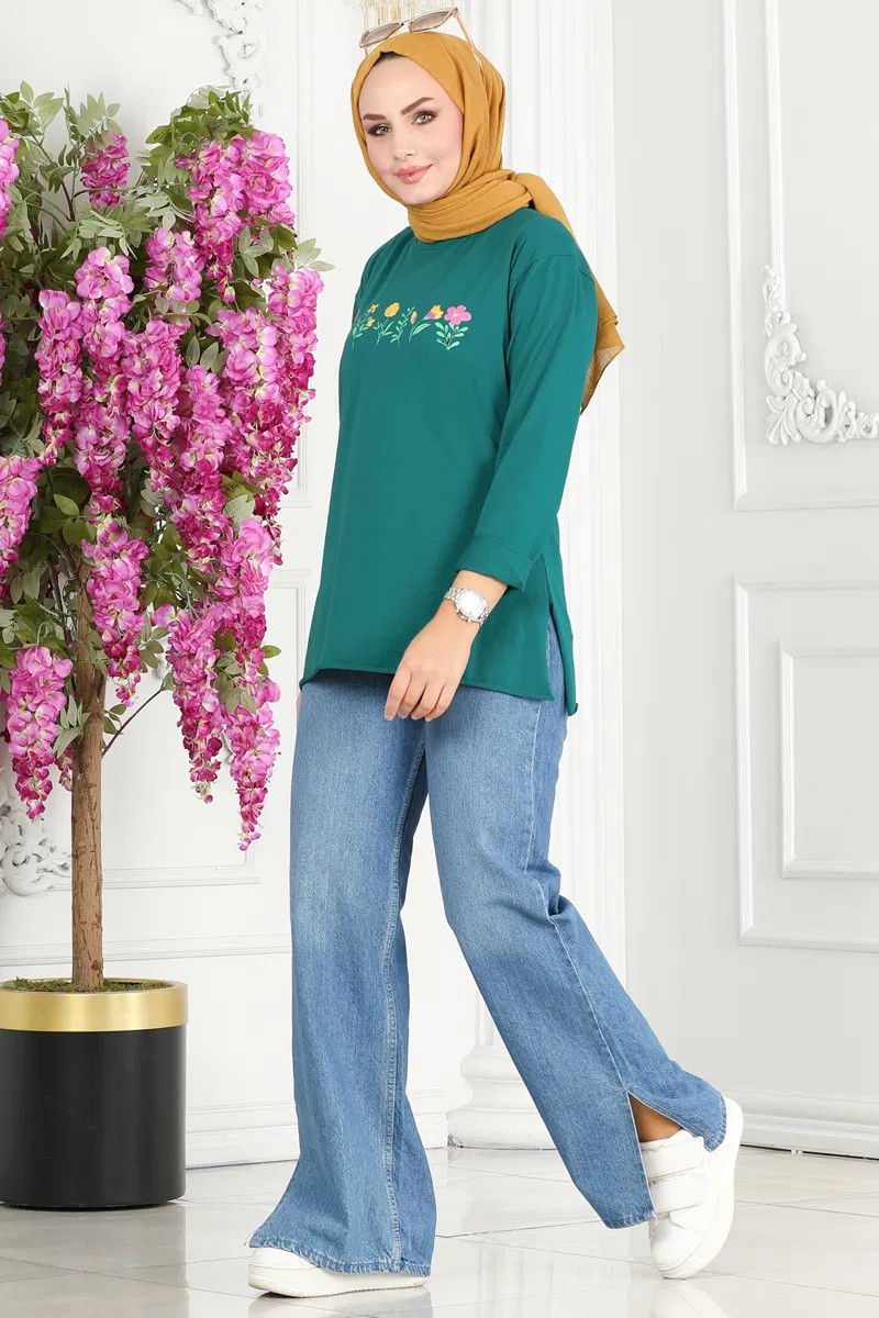 Kadın Bisiklet Yaka Çiçek Baskılı Tunik - 27197 - 4