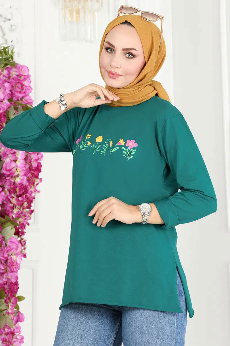 Kadın Bisiklet Yaka Çiçek Baskılı Tunik - 27197 - 1