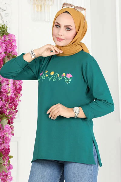 Kadın Bisiklet Yaka Çiçek Baskılı Tunik - 27197 