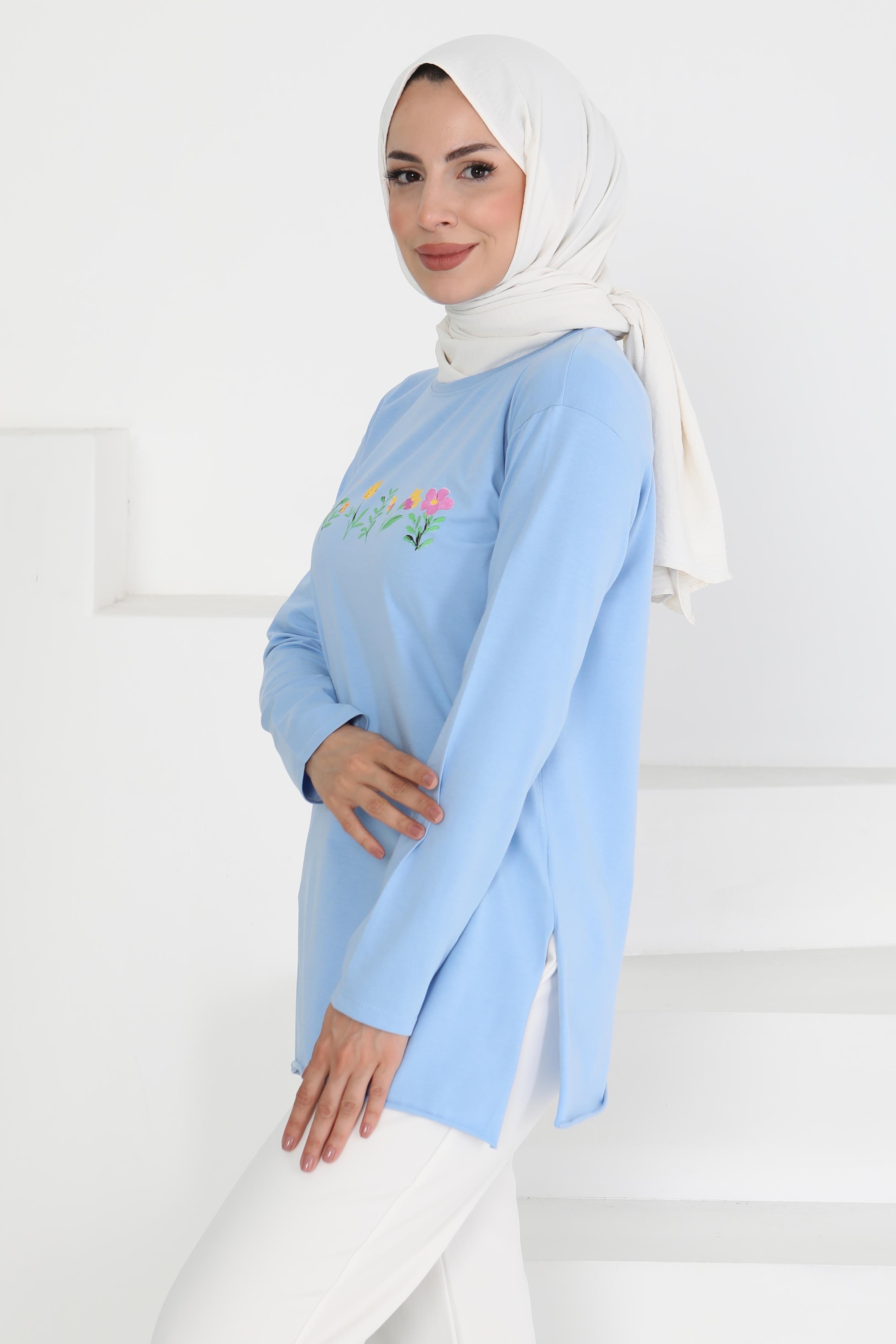 Kadın Bisiklet Yaka Çiçek Baskılı Tunik Bebe Mavi - 27197 - 2