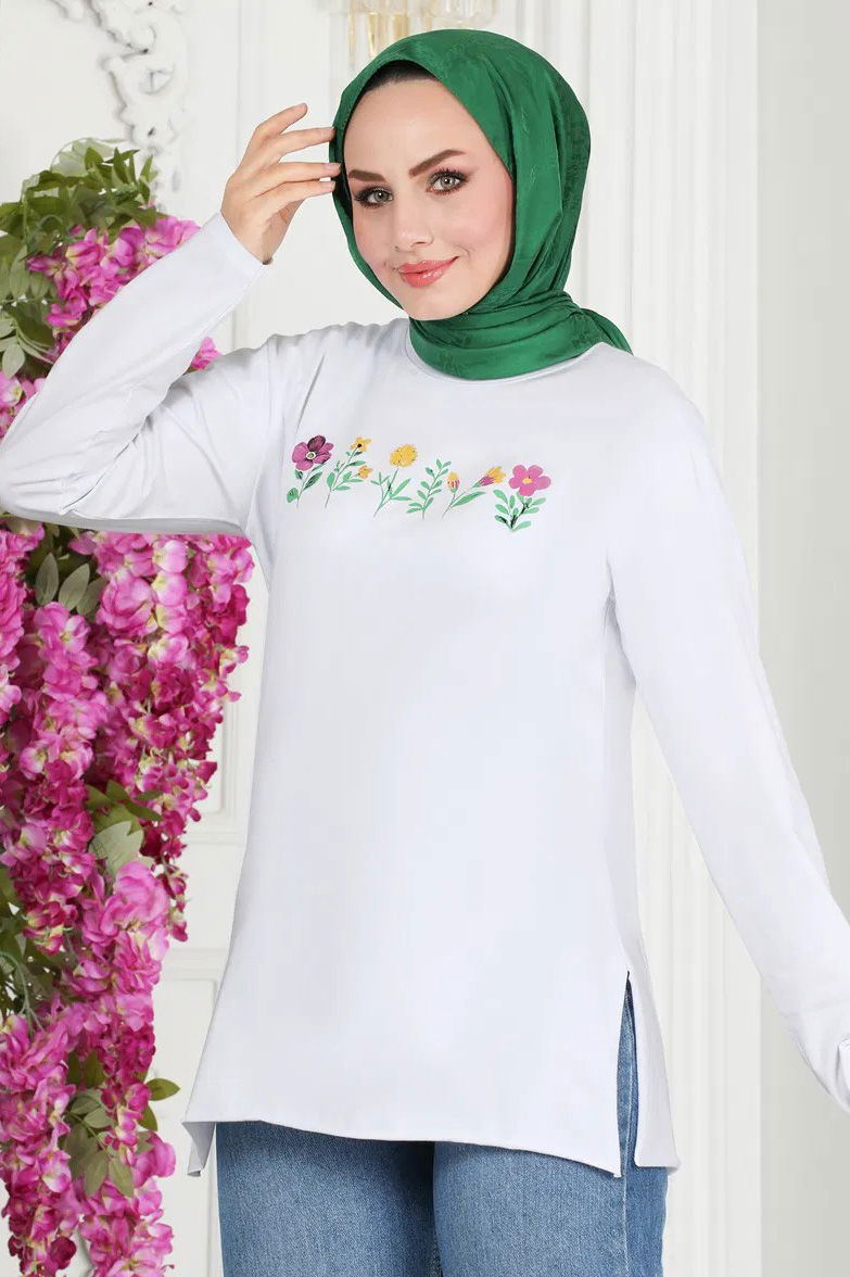 Kadın Bisiklet Yaka Çiçek Baskılı Tunik Beyaz - 27197 - 3