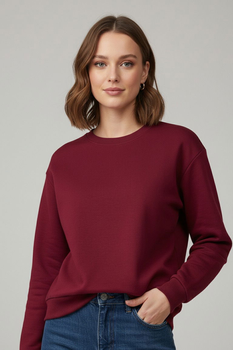 Kadın Bisiklet Yaka Oversize Sweatshirt - 27955-BORDO - TOFİSA