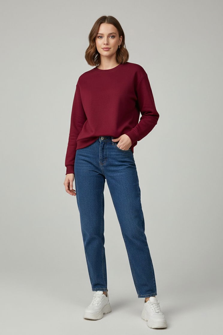 Kadın Bisiklet Yaka Oversize Sweatshirt - 27955-BORDO - TOFİSA