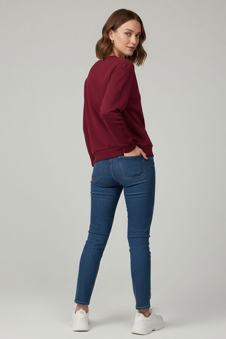 Kadın Bisiklet Yaka Oversize Sweatshirt - 27955-BORDO - TOFİSA