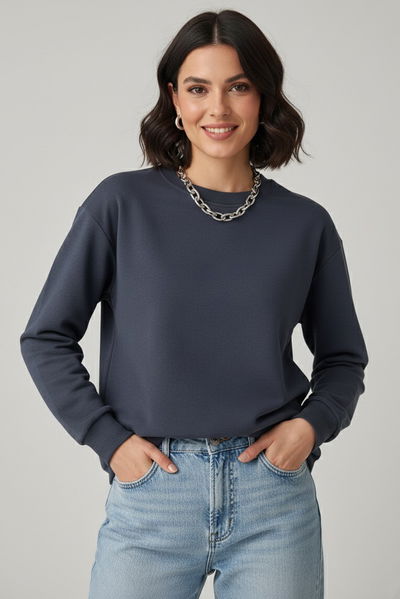 Kadın Bisiklet Yaka Oversize Sweatshirt - 27955-FUME 