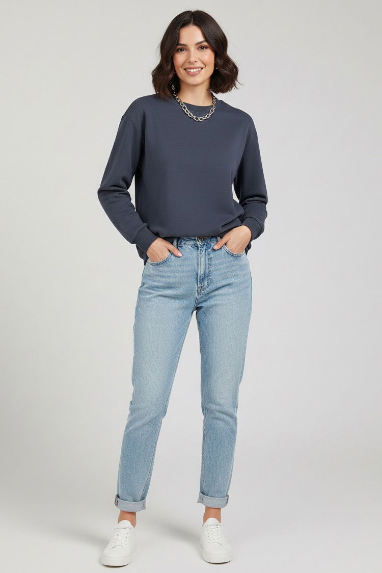 Kadın Bisiklet Yaka Oversize Sweatshirt - 27955-FUME - 2