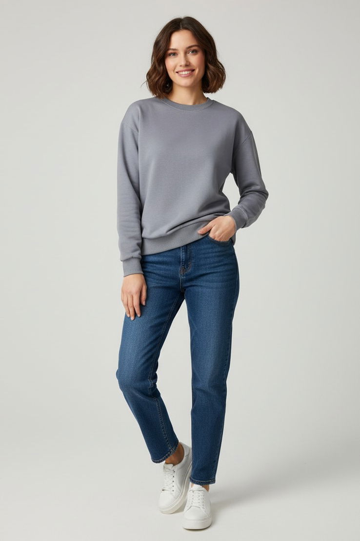 Kadın Bisiklet Yaka Oversize Sweatshirt - 27955-GRI - TOFİSA