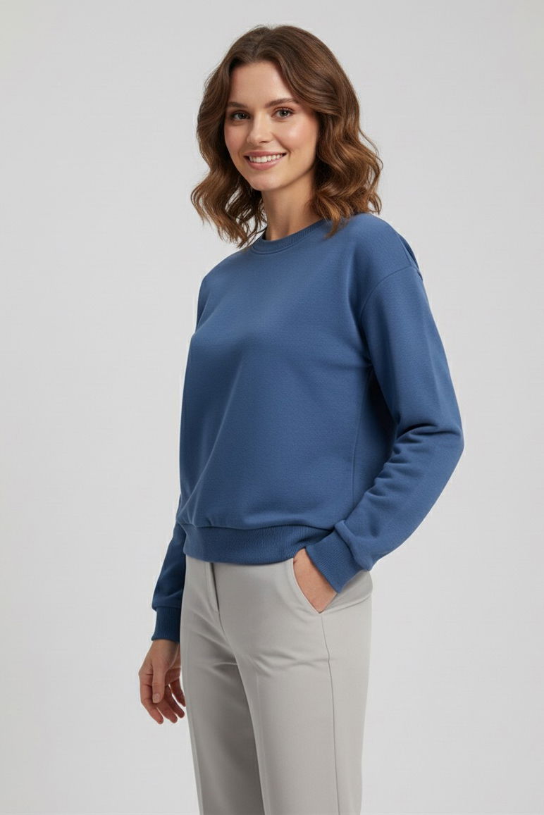 Kadın Bisiklet Yaka Oversize Sweatshirt - 27955-INDIGO - 1