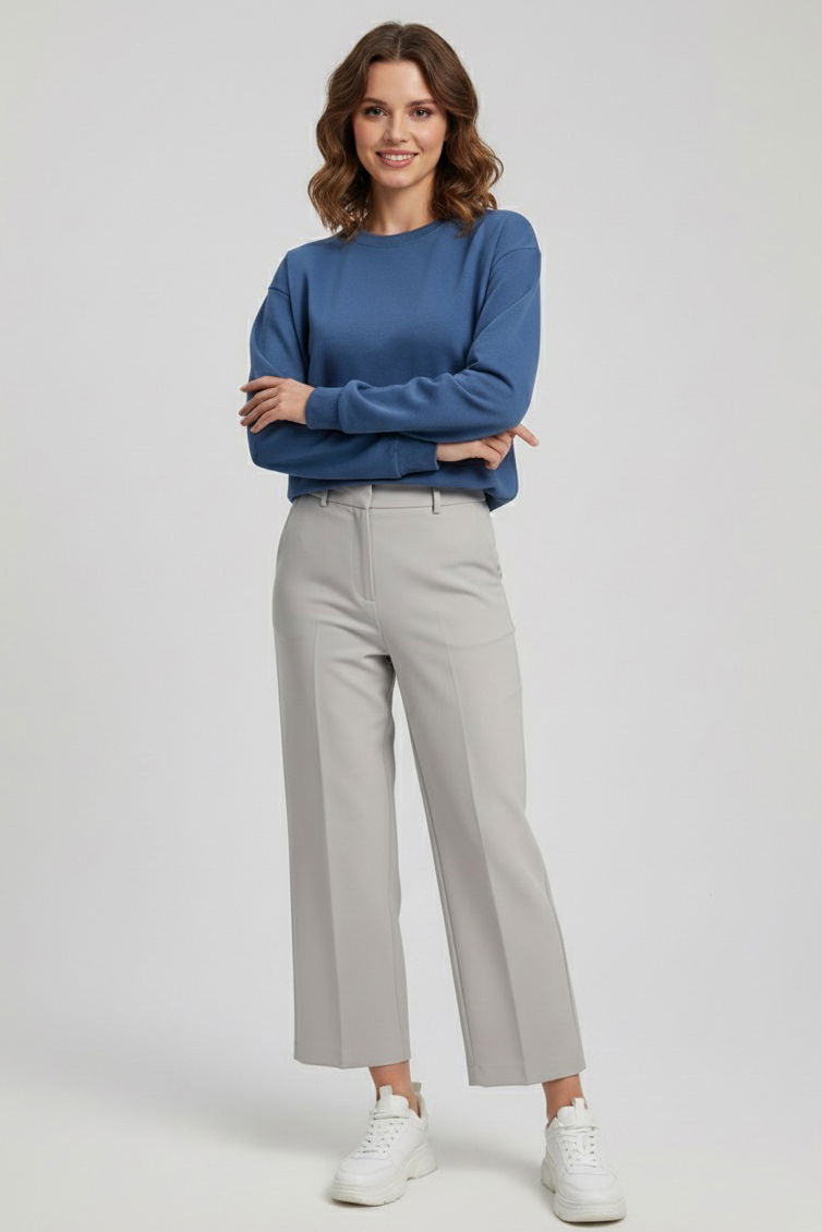 Kadın Bisiklet Yaka Oversize Sweatshirt - 27955-INDIGO - 2