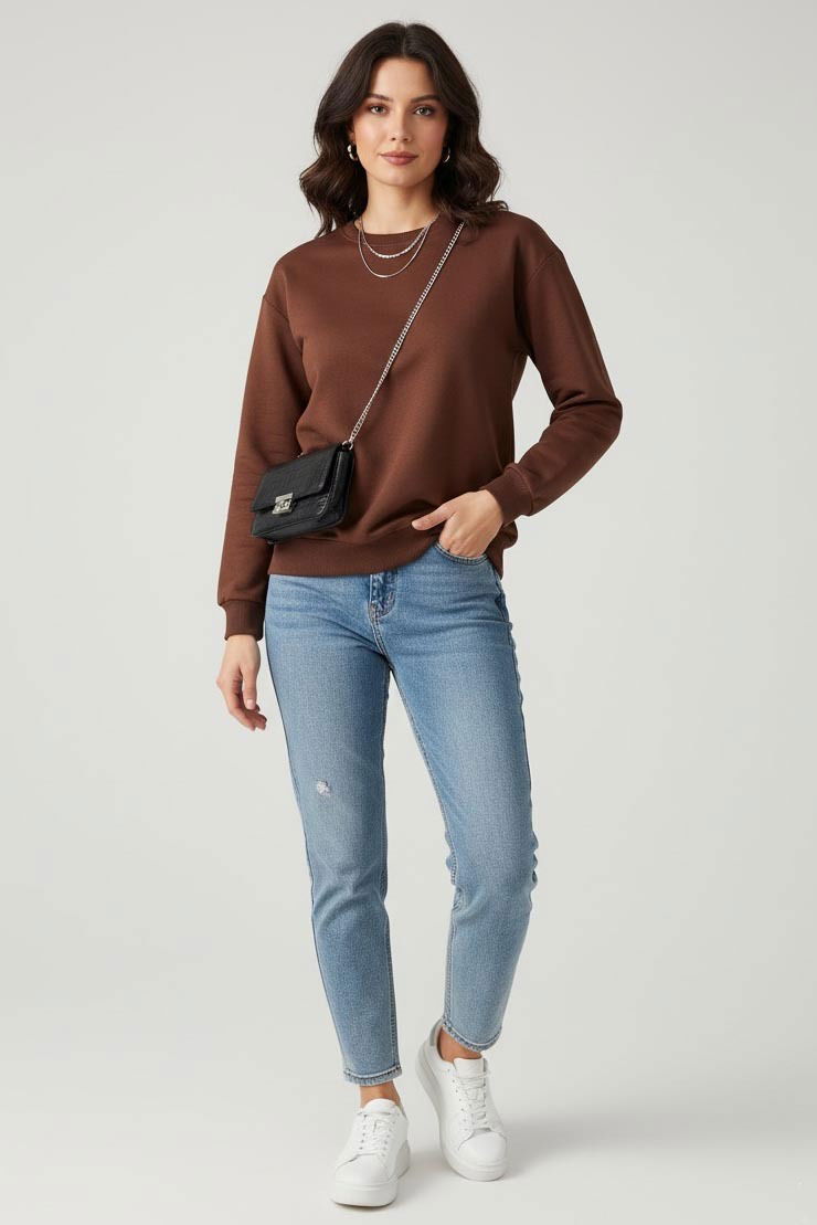 Kadın Bisiklet Yaka Oversize Sweatshirt - 27955-KAHVE - 1